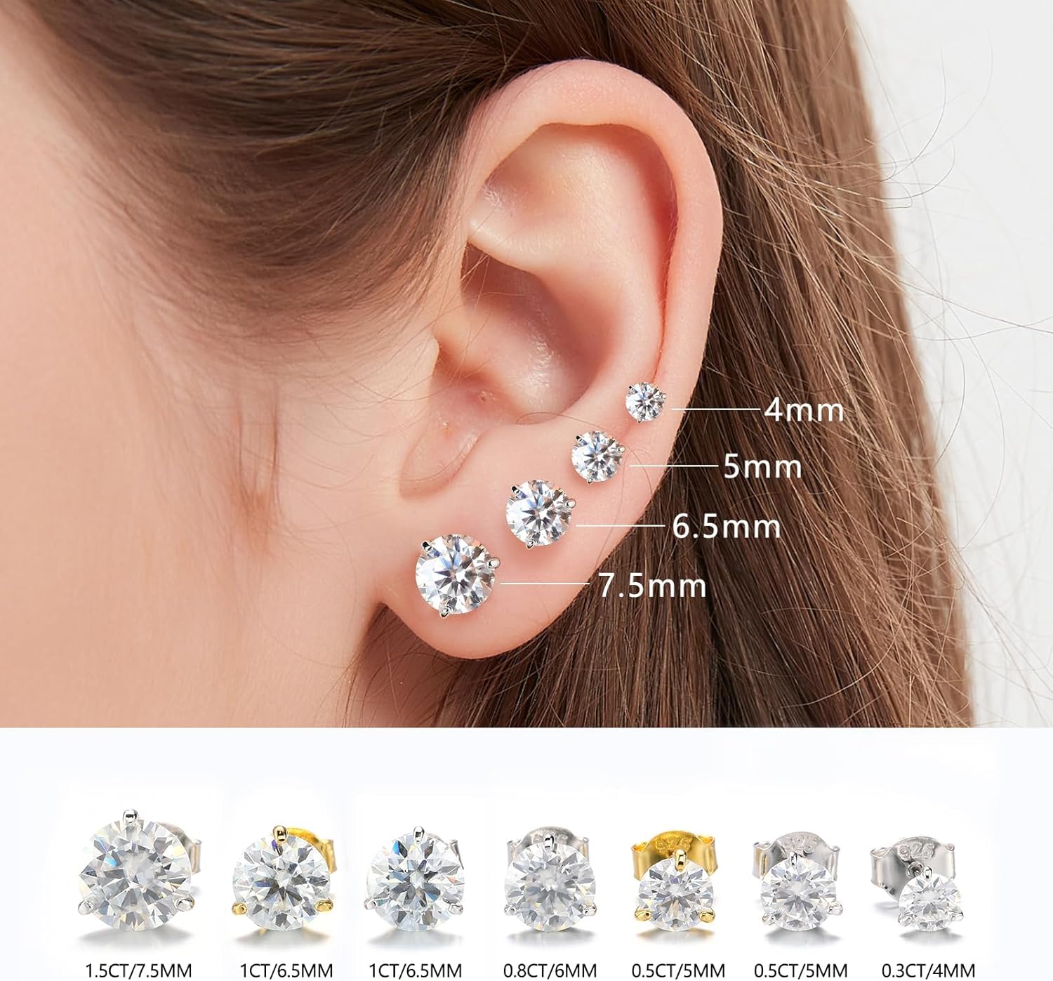 BREN Moissanite Earrings for Women and Men - 925 Sterling Silver Hypoallergenic Imitation Diamond Stud Earrings - Image 5