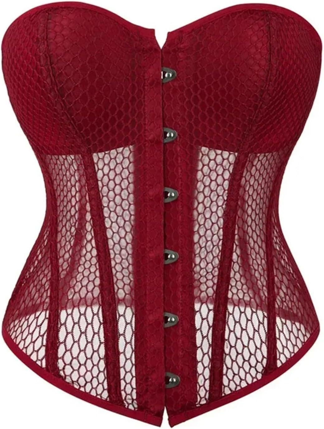 Women's Corset Retro Breathable Mesh Tight Top(Wine red,XL)