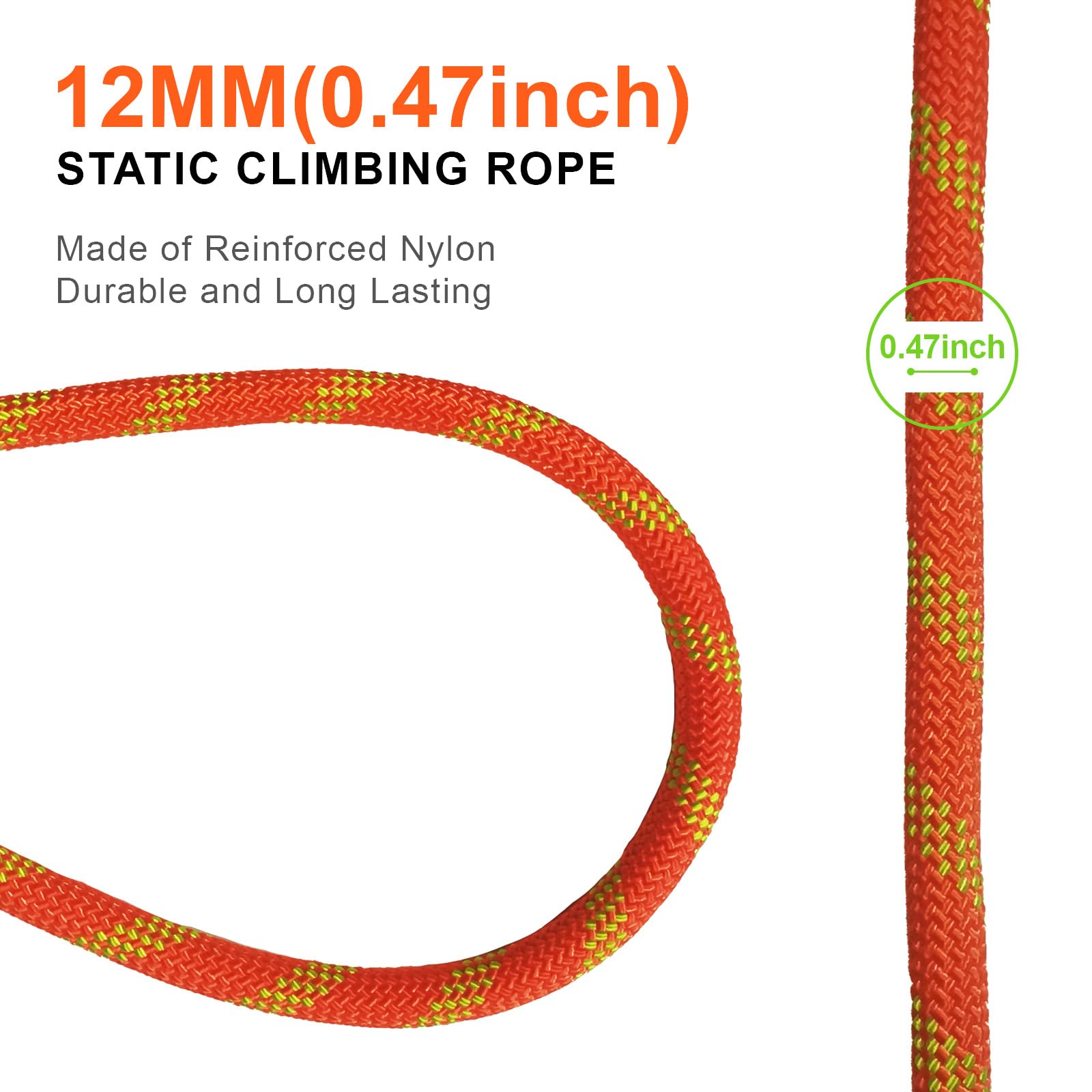 corda arrampicata 12mm 60m certificata UIAA per sicurezza | Corda nylon resistente antiusura per arrampicata, spedizioni e lavori esterni, arancione riflettente