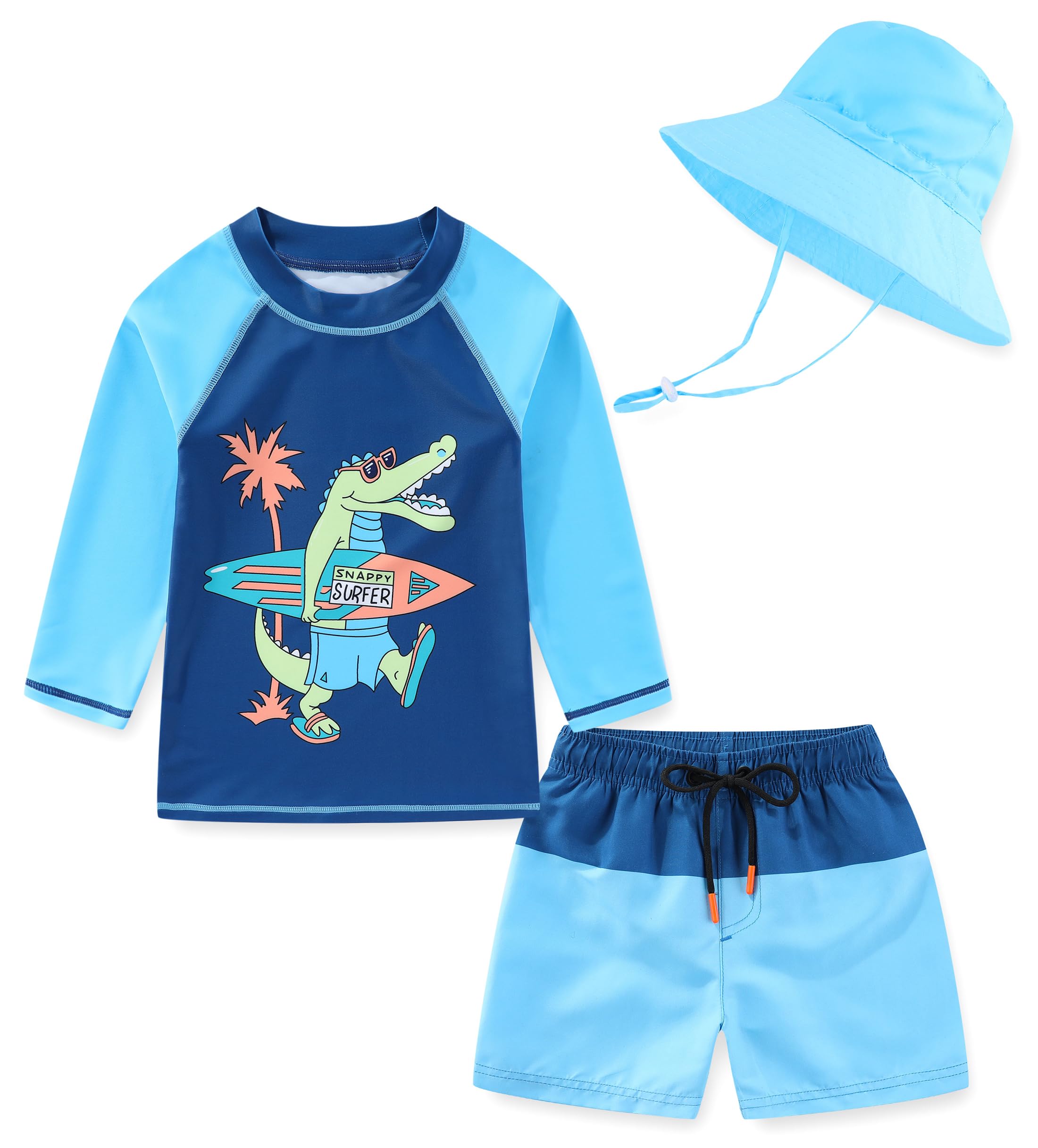 Toddlers and Baby Boys' 3-Piece Swimsuit Trunk Rashguard Set and Sun Hat Swimwear Bathing Suit Sunsuit Swim Shirt UPF 50+