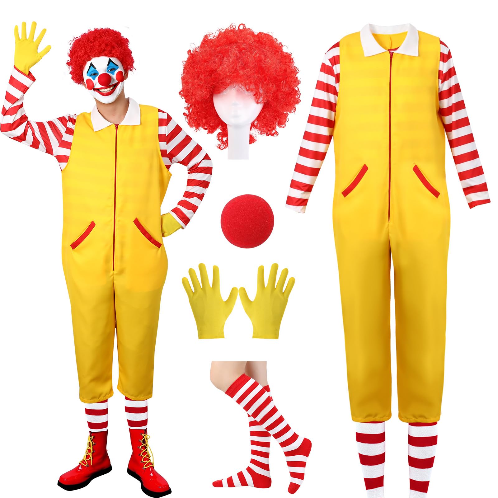 Disfraz de payaso para adultos, 6 piezas, peluca roja y nariz roja para circo, carnaval, cosplay y fiestas