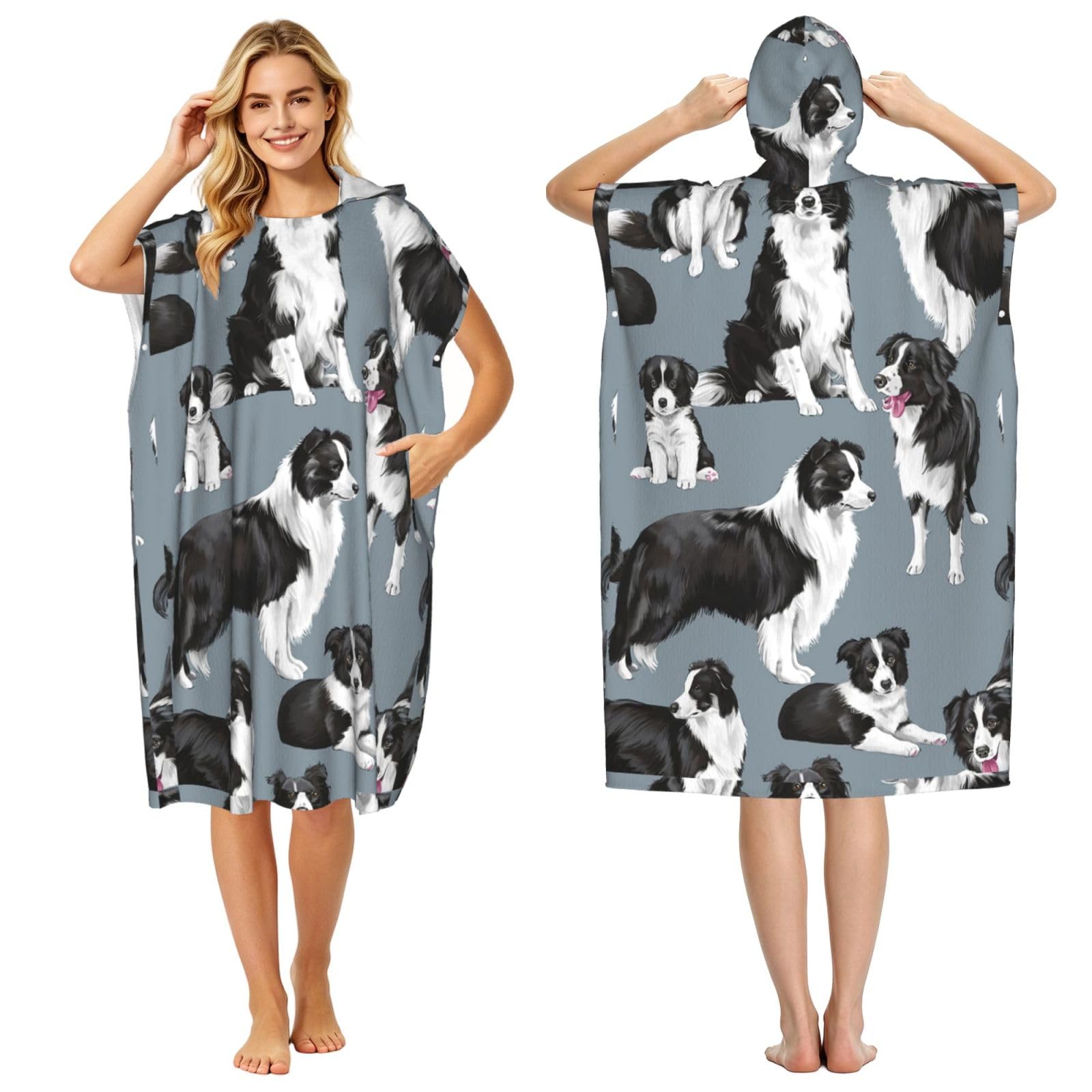 Poadnly Border Collies Blue, Adult Hooded Beach Towel 90 x 110 cm,Changing Bath Robe, Surf Poncho Towel For Women Men