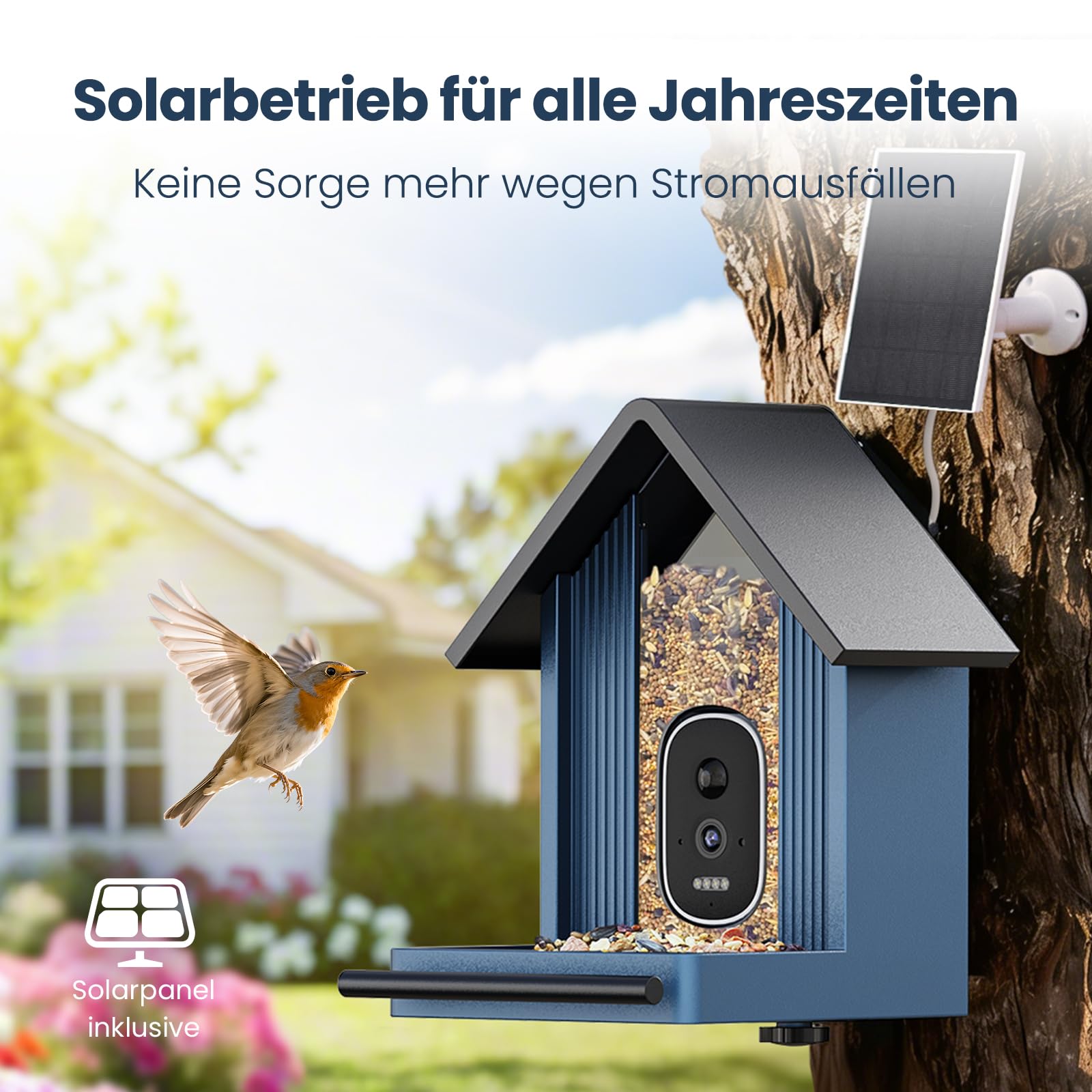 Intelligenter vogelhaus mit Kamera, 2,5K-UHD-Kamera, solarbetrieben, präzise KI-Erkennung, sofortige Benachrichtigungen und Videoaufzeichnung, wasserdicht nach IP66 für den Außenbereich, Metal Blau