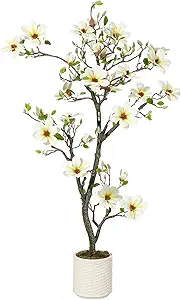 5FT Faux Magnolia Plants Artificial Flower Trees Fake Plants For Yard Patio Home Office Arrangement Decor Indoor Outdoor Artificial Magnolia Tree Inc. 120 Realisc Flowers Vivid Leaves Mosses White Pot