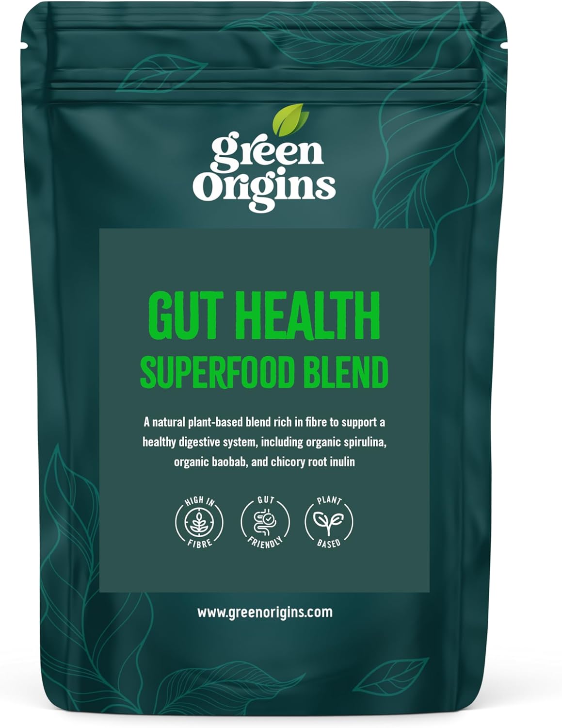 Green Origins Gut Greens Blend for Gut Health | High Plant-Base Fibre from Chicory Root Inulin, Spirulina, Wheatgrass Powder | 10 Servings, 100g | No Additives | Vegan & Kosher