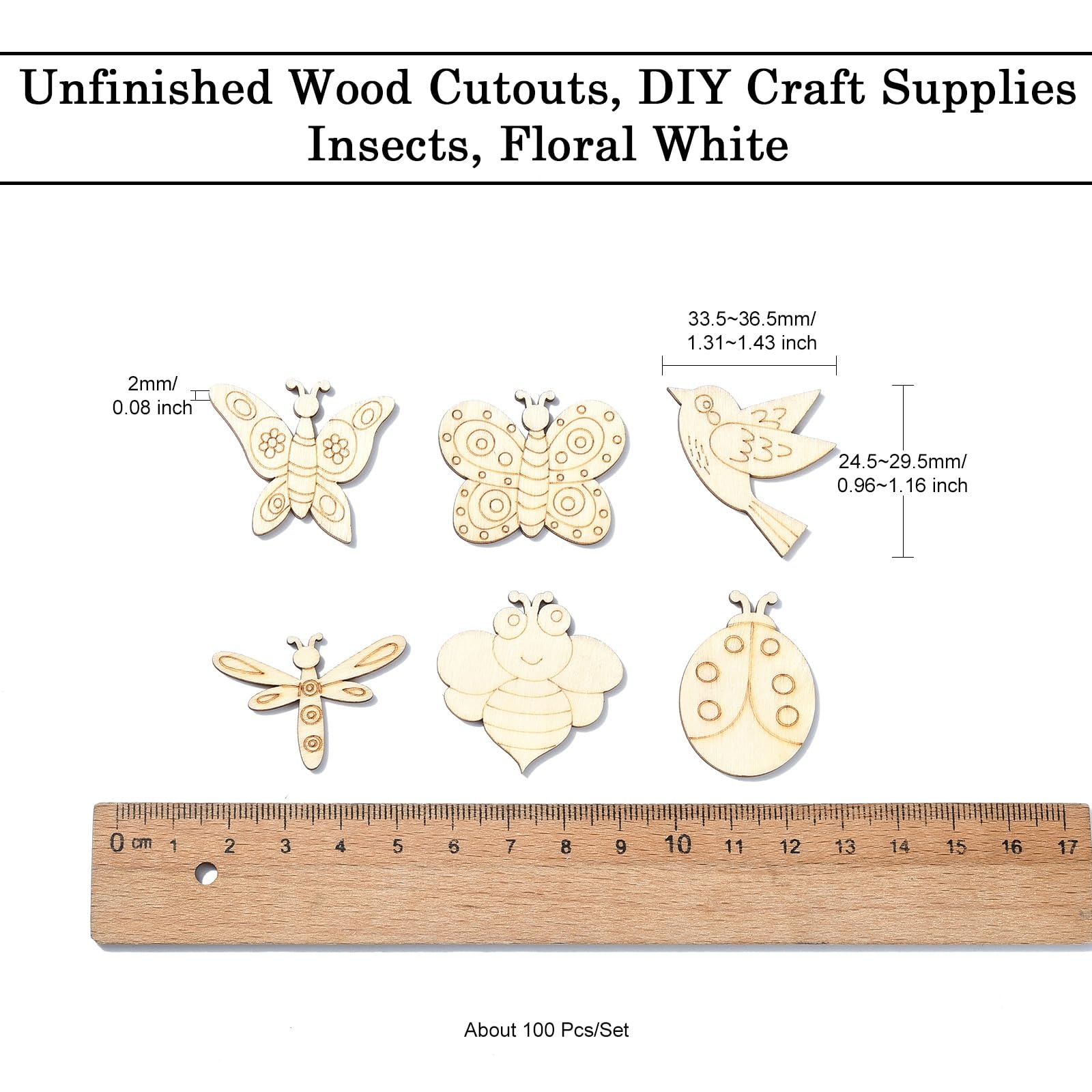 UR URLIFEHALL 200 Pcs Unfinished Wooden Cutouts Insect Butterfly Bird Shapes Wooden Craft Embellishments for DIY Scrapbooking Decoration - Image 2