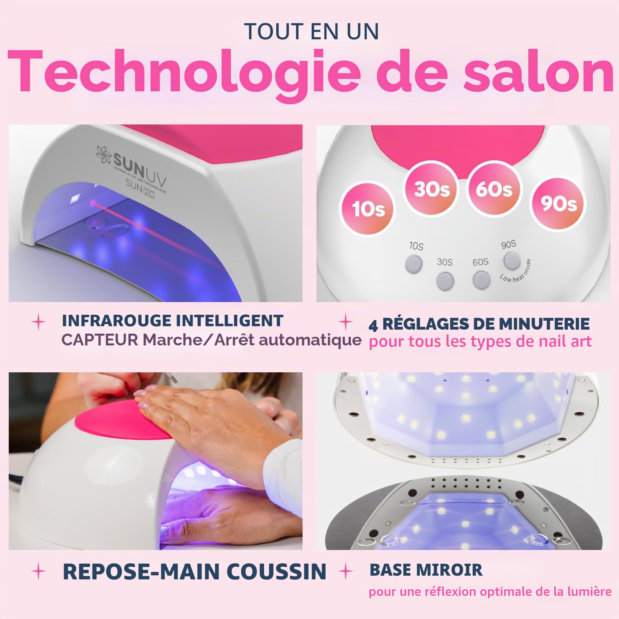 SUNUV Sèche-Ongles UV LED, Lampe pour Ongles, Minuterie 10s/30s/60s/90s, Capteur Infrarouge, Base Amovible, Parfait pour Nail Art et le Salon Manucure