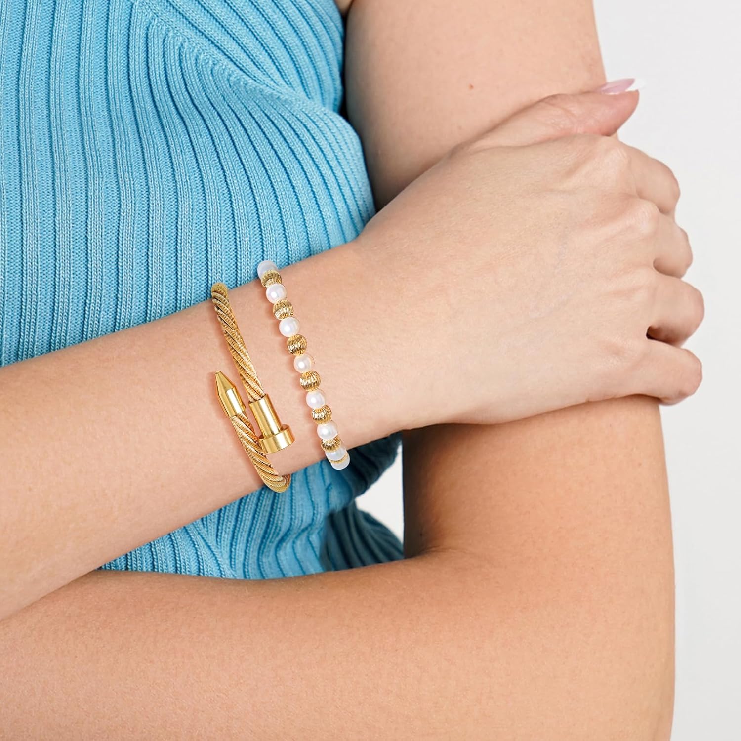 2PCS 18K Gold Plated Nail Bangle & Chain Bracelet Set for Women, Adjustable Stackable Bangle Jewelry, Dainty Gold Bracelet Gift for Women - Image 2