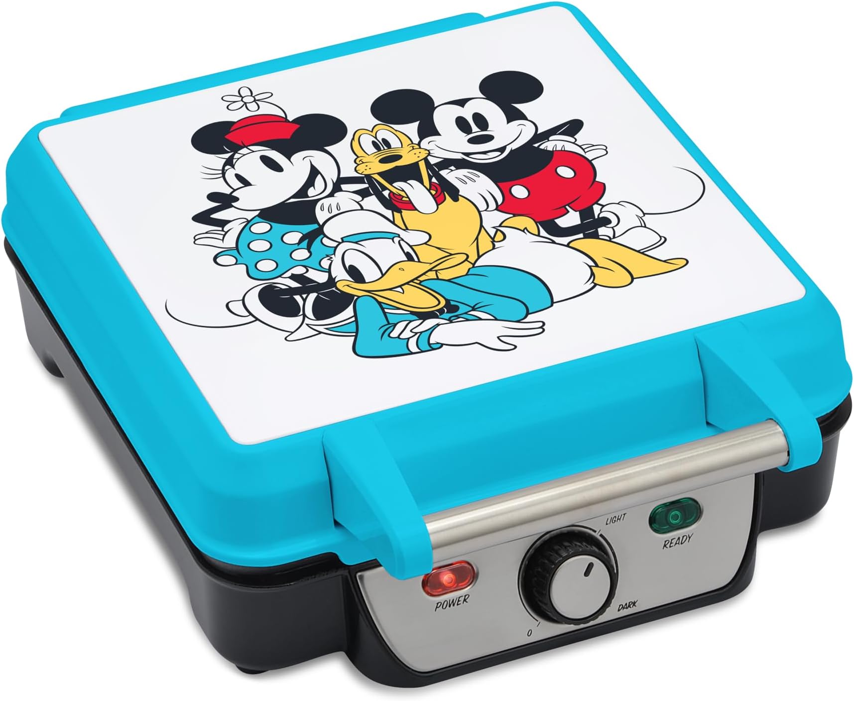 Mickey & Friends Four Waffle Maker by Select Brands - Cute Appliance for Small, Square Waffles - Mickey Mouse Waffle Machine - Disney-Themed Appliance with Ceramic Nonstick Coating