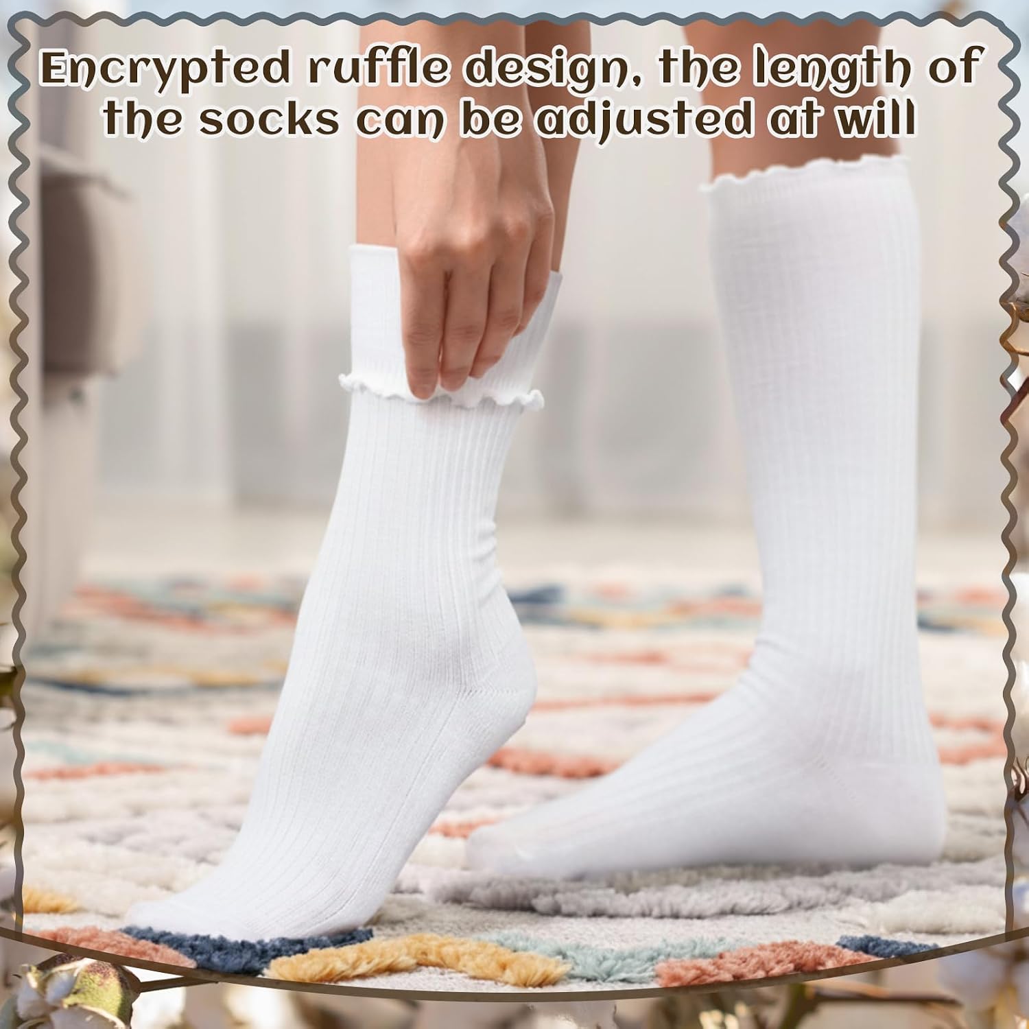 6 Pairs Women Ruffle Knee High Socks Turn Cuff Knit Breathable Cute Frilly Breathable Socks