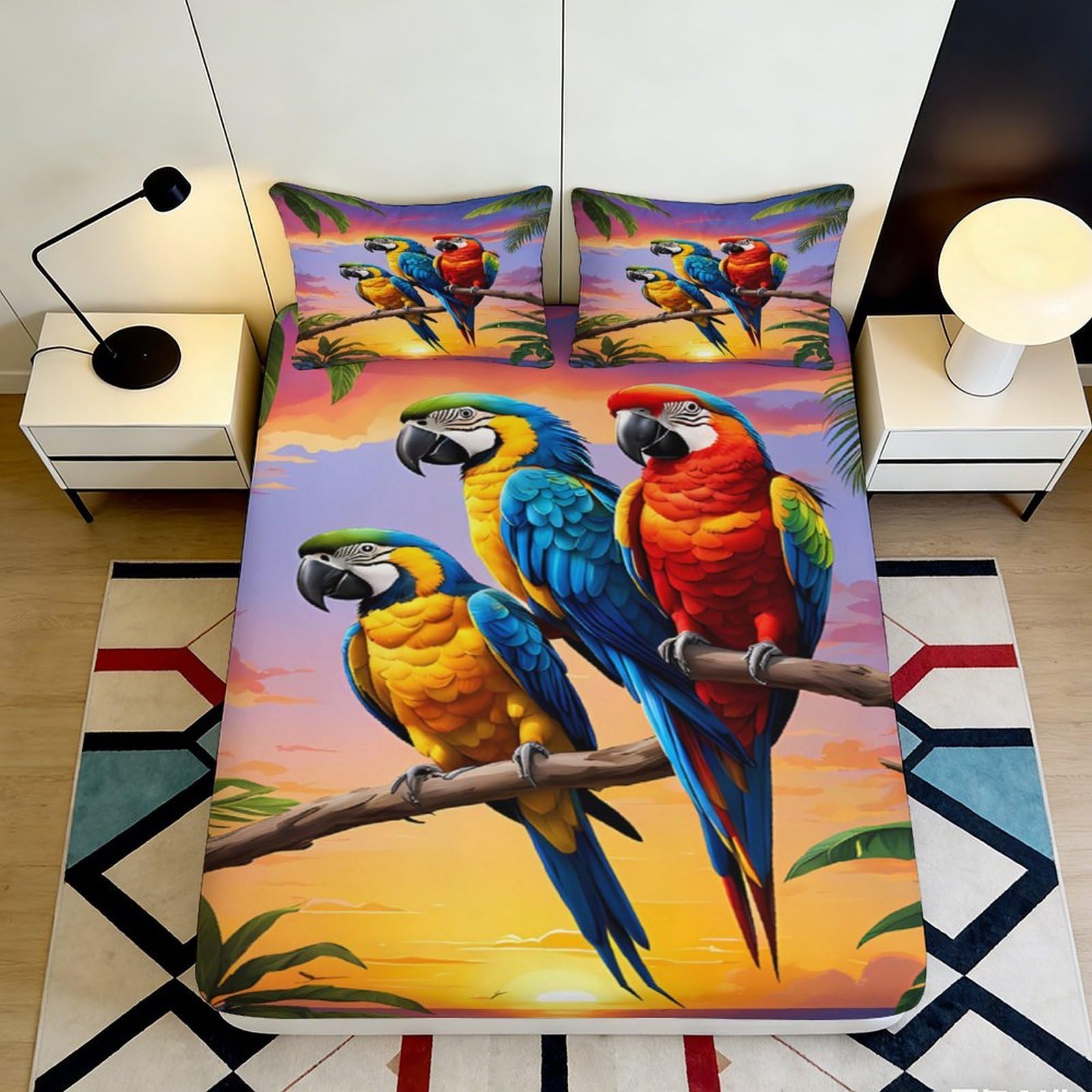 3D Printed Parrot Pattern Fitted Sheet Microfiber Non-Slip Deep Pocket Bedroom Bedding Parrot Mattress Fitted Cover Washable for Adults Teens 90x200x25cm