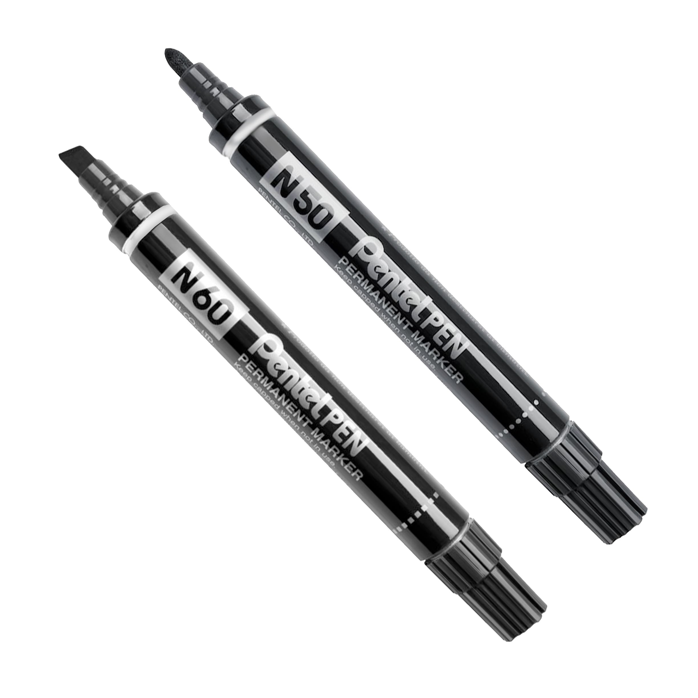 Pentel N50/N60 Permanent Marker Pen - Bullet/Chisel Nib Marker - Black Ink - Pack of 2