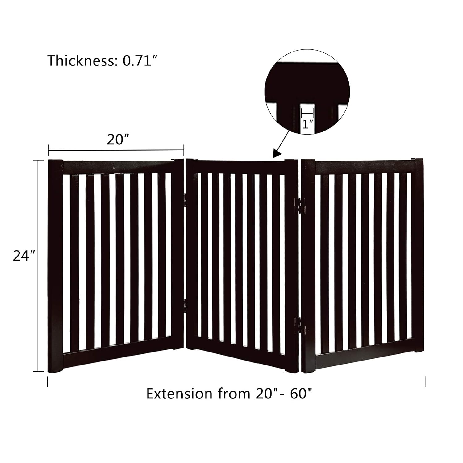WELLAND 24" Freestanding Pet Gate, Foldable Indoor Wooden Dog Puppy Gate, 3 Panel Step Over Fence, Expands Up to 60" Wide, Espresso Espresso 3 Panel 60" Wide