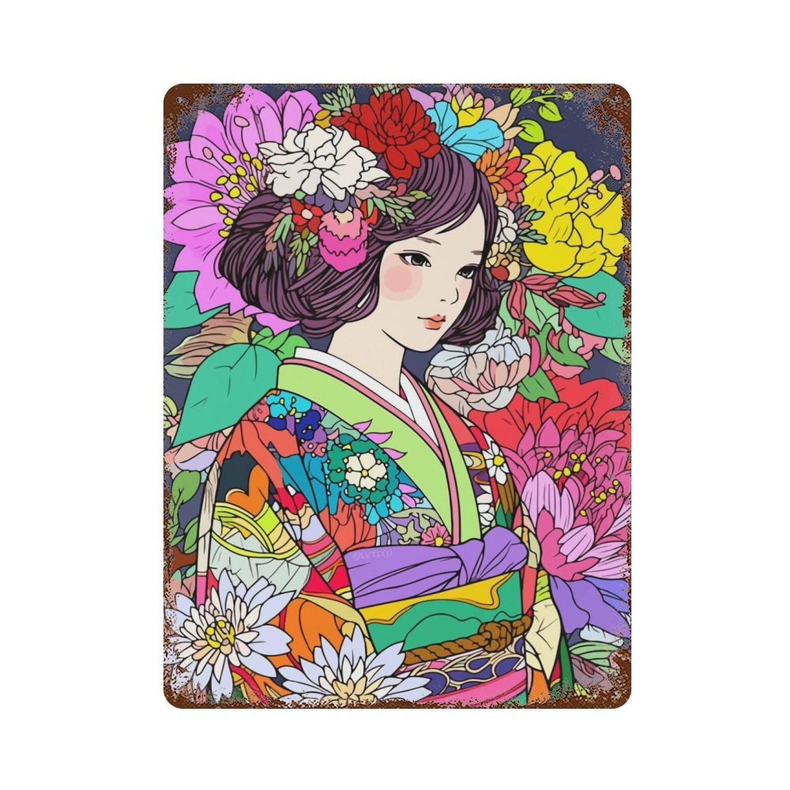 Weathered Tin Sign with Japan Kimono Manga Girl Design 15.7"x11.8", for Basement, Hobby Room And Garage Decor, Industrial Home Decor