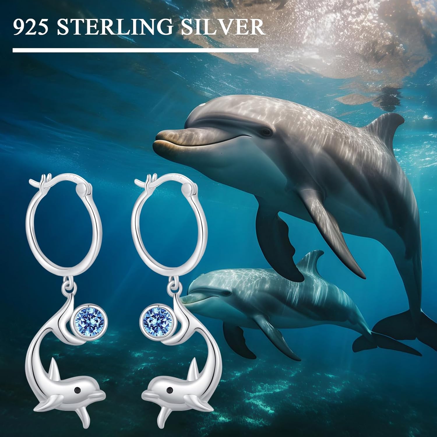 TRISHULA Dolphin Dangle Earrings Dolphin Hoop Earrings 925 Sterling Silver Dolphin with Cubic Zirconia Dangle Drop Earrings Ocean Animal Earrings Dolphin Jewelry for Dolphin Lover Women Ladies - Image 7