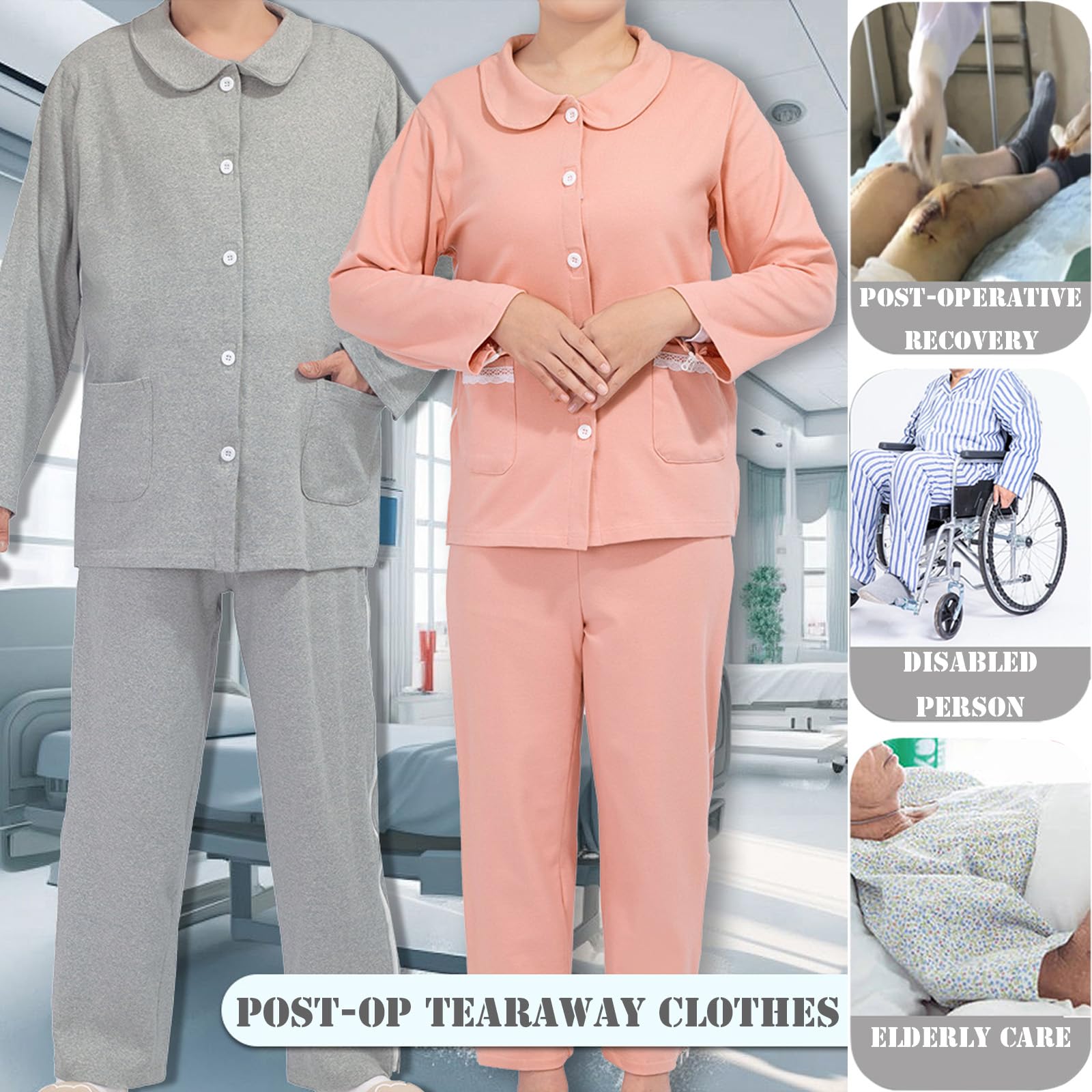 ApuaVireo&Co Odzież dla pacjentów leżących, koszule po operacji barku, spodnie z możliwością rozerwania, piżamy dla pacjentów, fartuchy szpitalne(Pink,M)