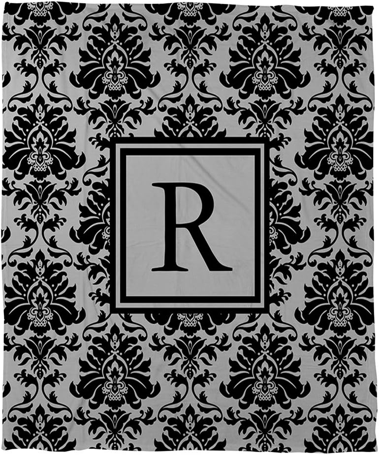 Manual Woodworkers & Weavers Coral Fleece Throw, 30 by 40-Inch, Monogrammed Letter R, Black and Grey Damask