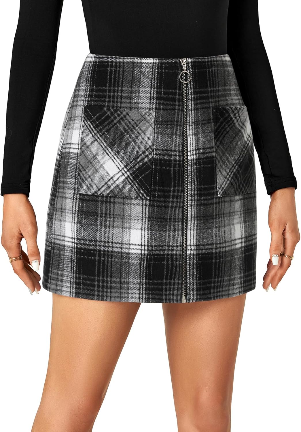 Rooscier Women's Plaid High Waist Zipper Front Wool Mini Skirt with Pockets - Image 4