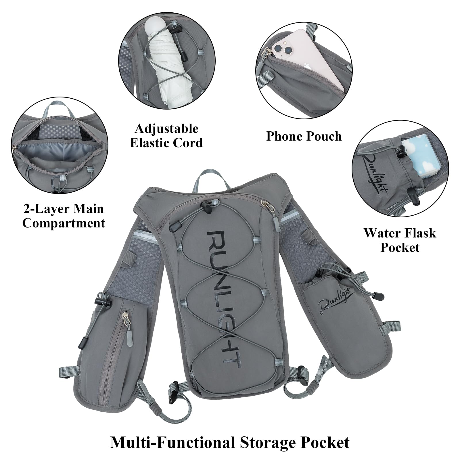 Runlight Gilet de course pour homme et femme - Sac à dos d'hydratation léger avec poche d'eau de 1,5 l - Sac à dos hydro pour la randonnée, le sentier, le ski, le camping, le cyclisme, la course, le