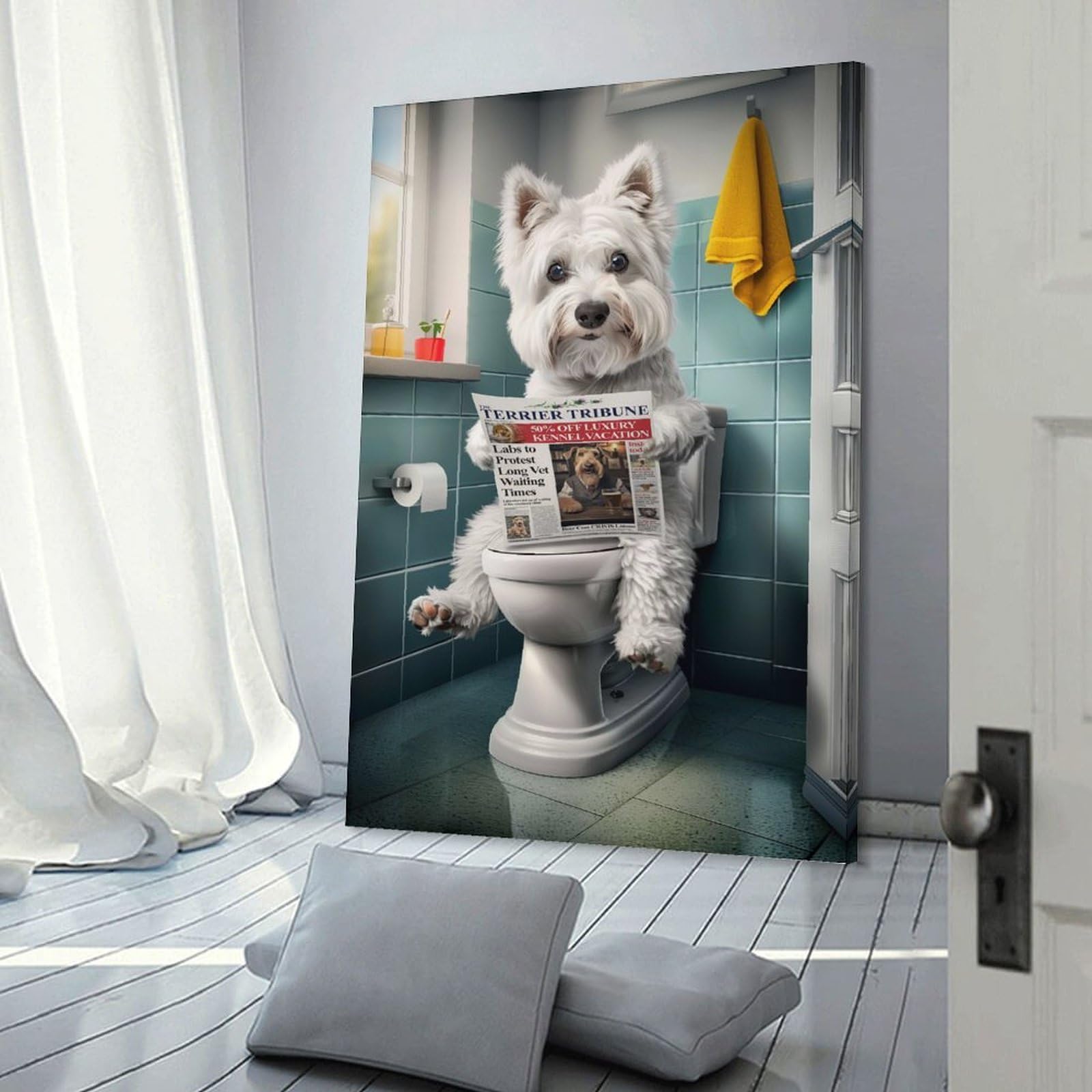 Junmoney Frame-Style-20 Dog Reading Newspaper In Bathroom Canvas Wall Decor, 16X24inch(40X60cm), For Flats, Guest Rooms Or Compact Rooms, Decorative Canvas Decor For Home Updates
