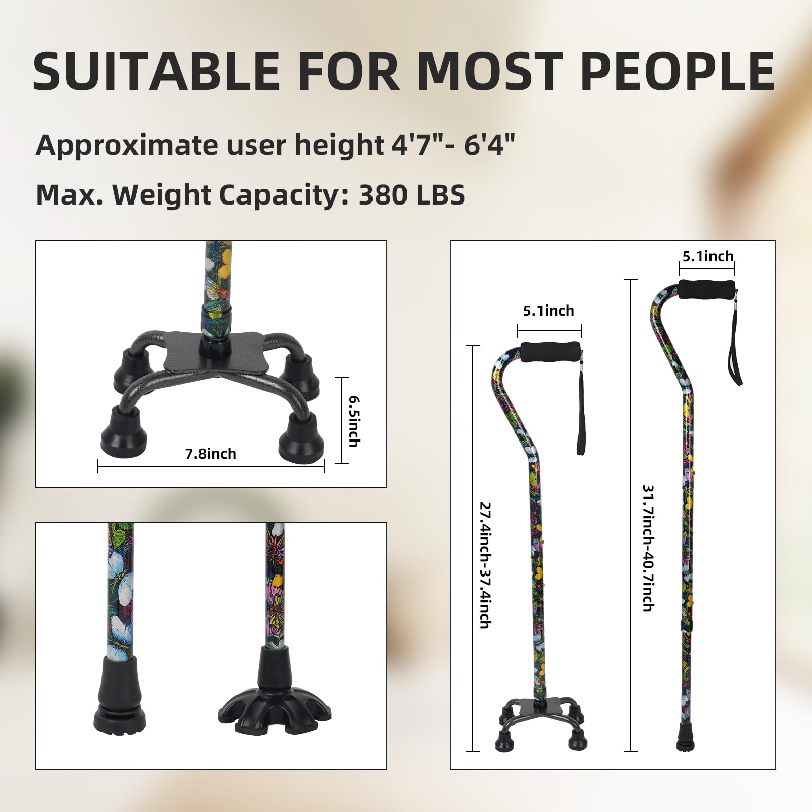 Quad Cane YOKABOZE regulowana laska do chodzenia z 4-zębową podstawą dla dodatkowej stabilności silikonowy uchwyt i wymienna lekka aluminiowa laska do chodzenia dla mężczyzn i kobiet
