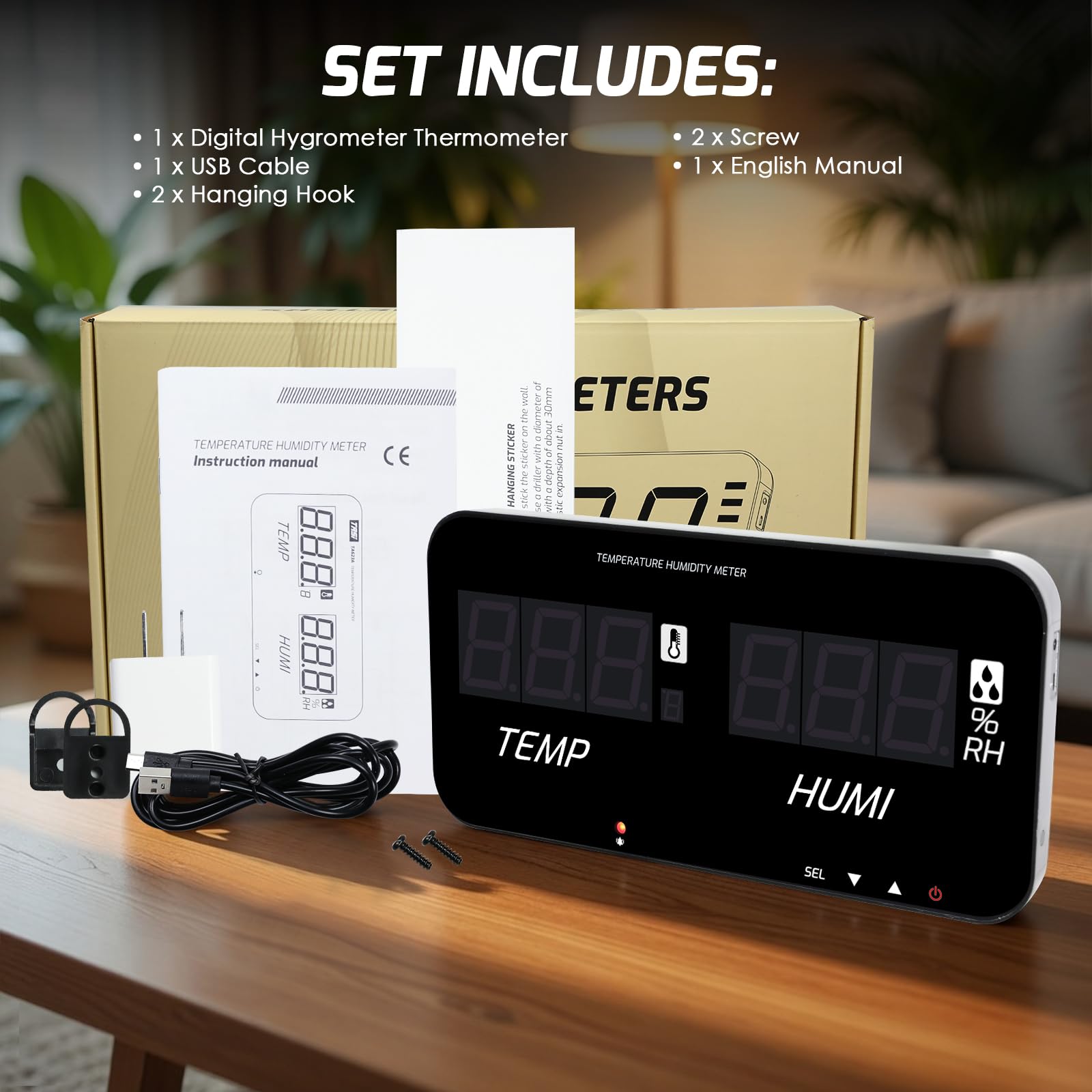 Termómetro higrómetro digital con pantalla LED grande, monitorea temperatura y humedad interiores, alarmas sonoras y visuales ajustables, sonda integrada, USB-C, montaje en pared o en mesa. en la