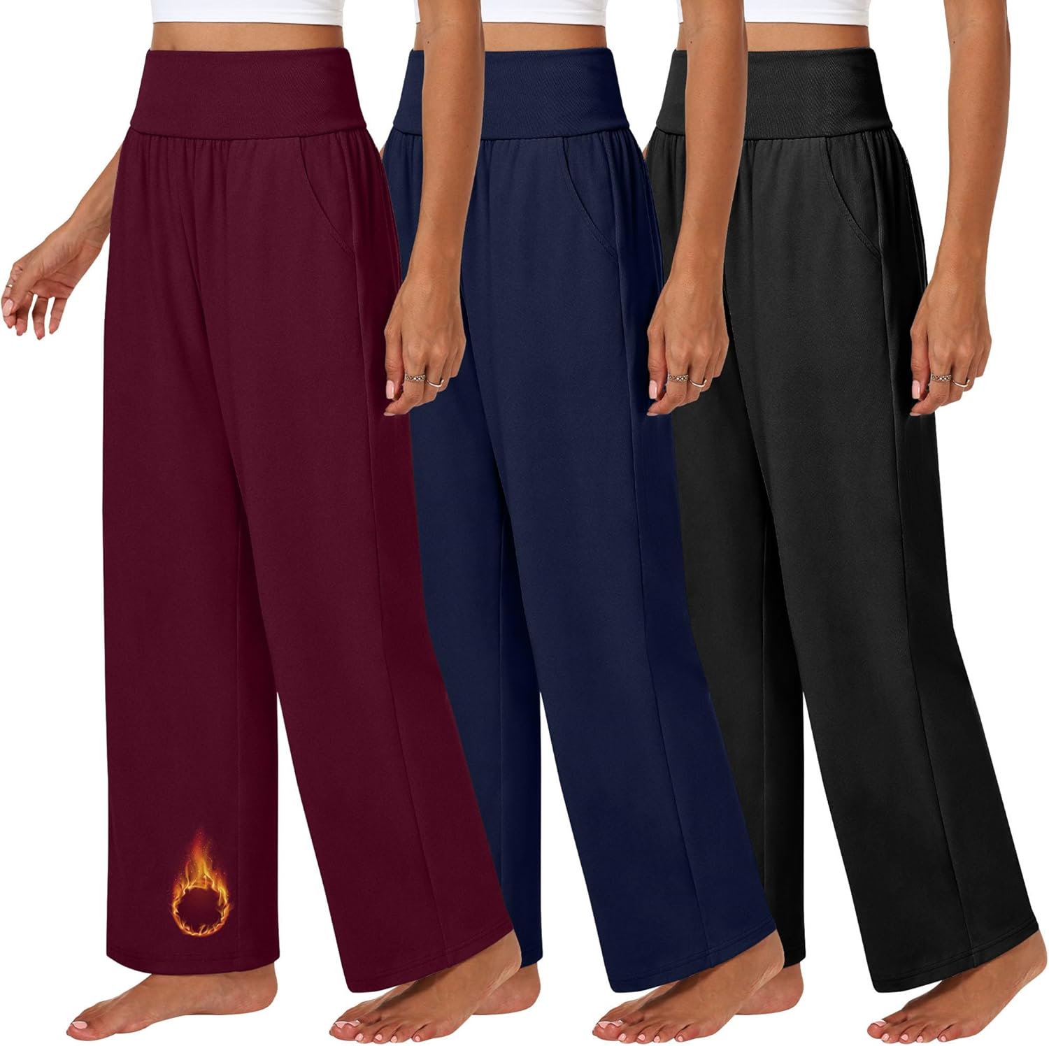 Neer 3 Pack Womens Fleece Lined Sweatpants Wide Leg Thermal Baggy Joggers High Waist Lounge Warm Pants with Pockets