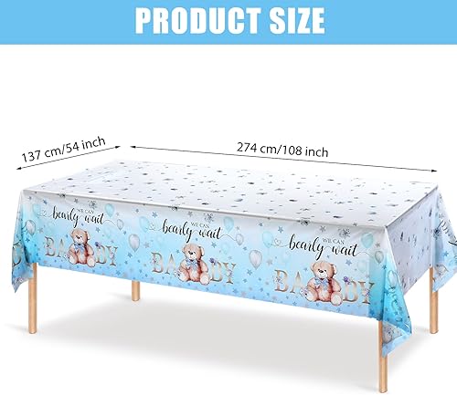 Miniatura 2 de Mantel de plástico para baby shower, con texto en inglés We Can Bearly Wait, mantel con diseño de oso y estrellas y flores, para fiestas de