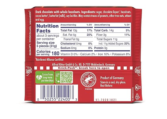 Ritter Sport nut Class Dark with Whole Hazelnuts candy bar chocolate 3.5 Ounces each Bundle of 10 Full-Size Bars) Best GIFT