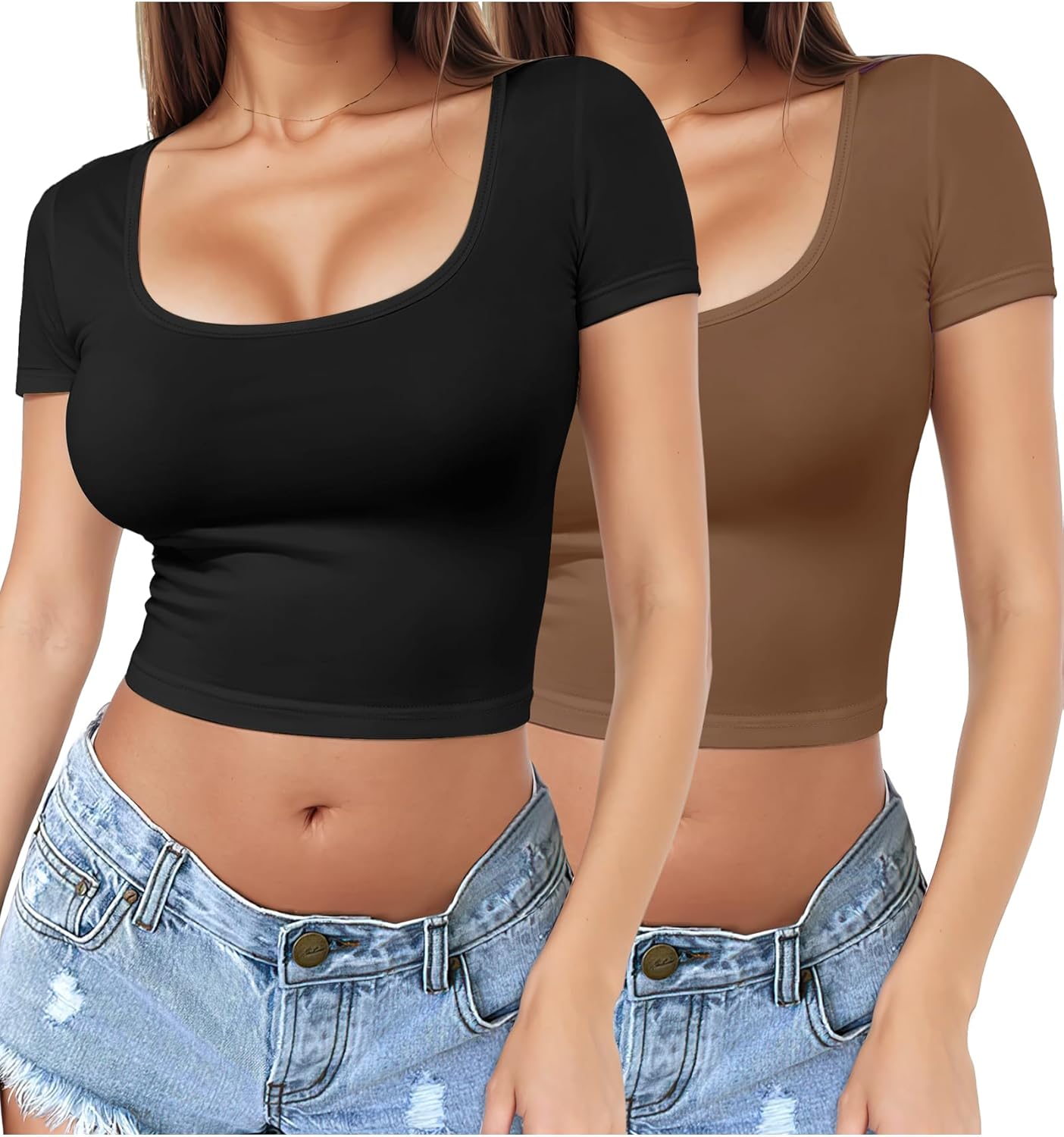 2 Piece Women's Square Neck Short Sleeve Crop Top Y2K Shirt Slim Fitted Casual Base Layer Workout Shirt Going Out Tops