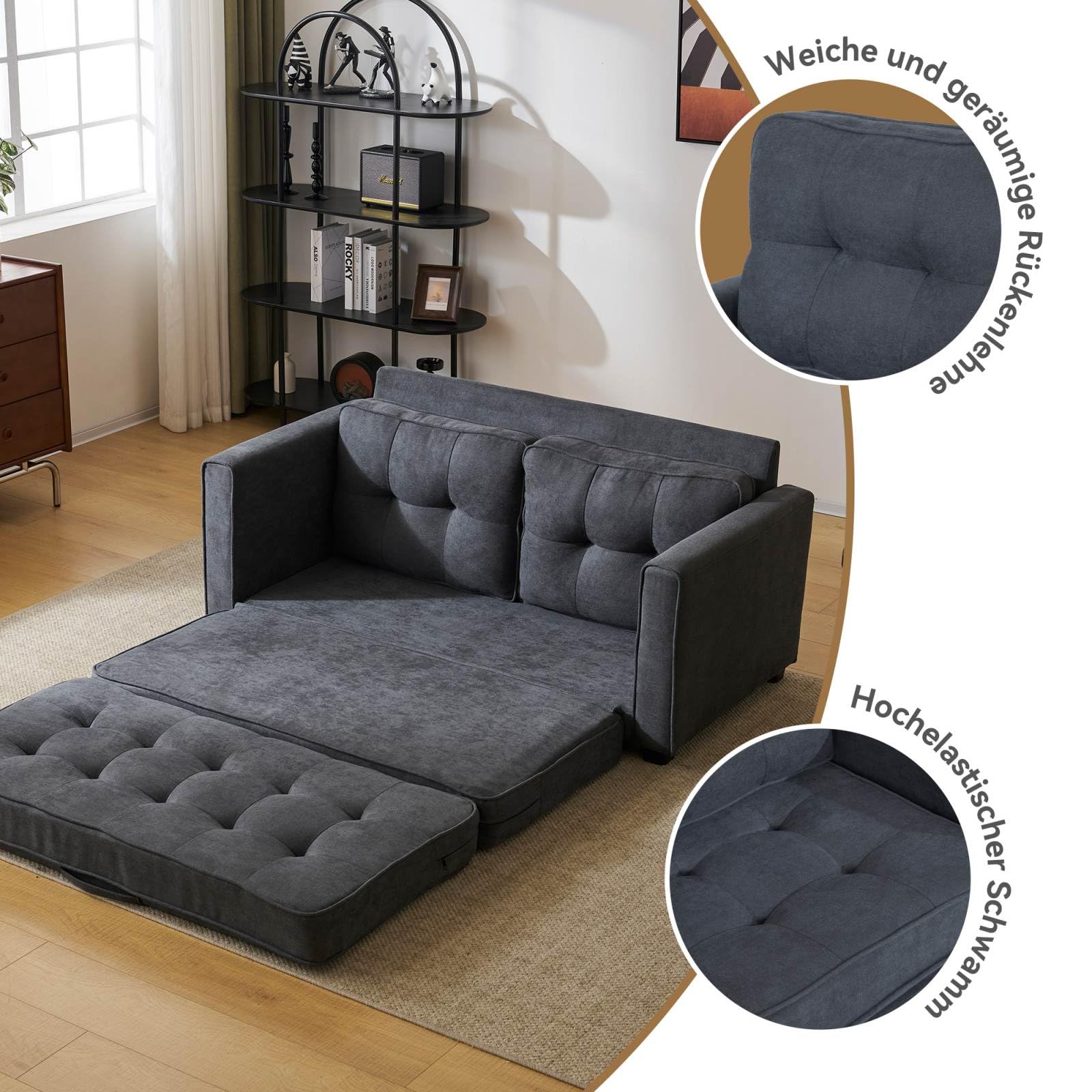 KOMHTOM Divano Letto Singolo Allungabile In Velluto Grigio Scuro Con Portabicchieri E Supporto Cellulare