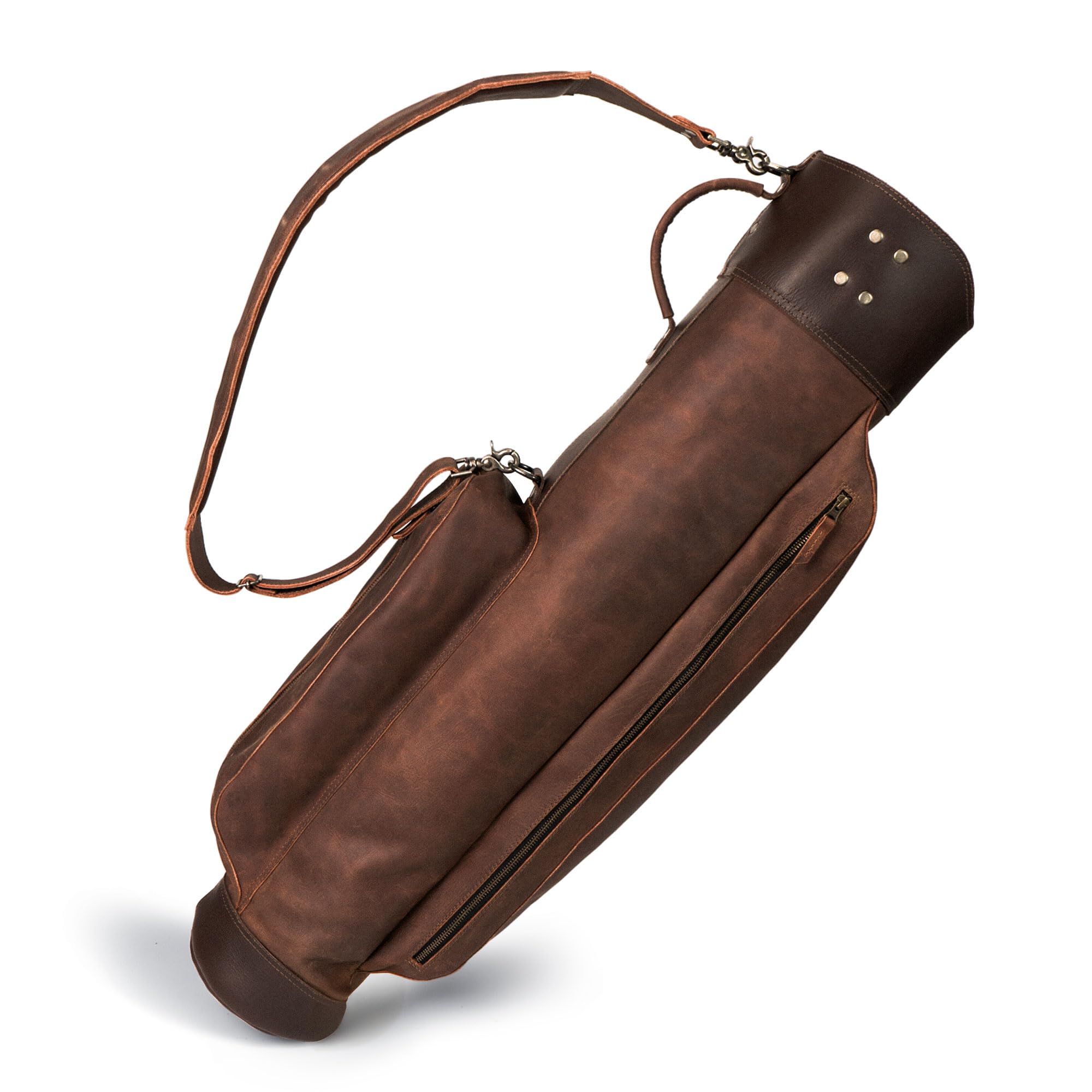 Leather Golf Bag with Top Divider & Shoulder Strap, Vintage Club Golf Cart Bags for Men & Women, Carry Sunday Silencer Stand Bag, Mens Travel Walking Cases, Brown & Black Caddy, Hard Case Light Weight