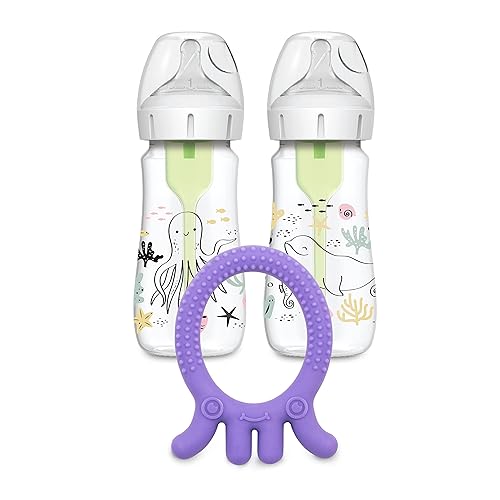 Dr. Brown's Natural Flow Anti-Colic Options+ Biberón de cuello ancho, diseño oceánico, 9 oz9.1 fl oz, pezón nivel 1, paquete de 2, 0.0 ft+ con