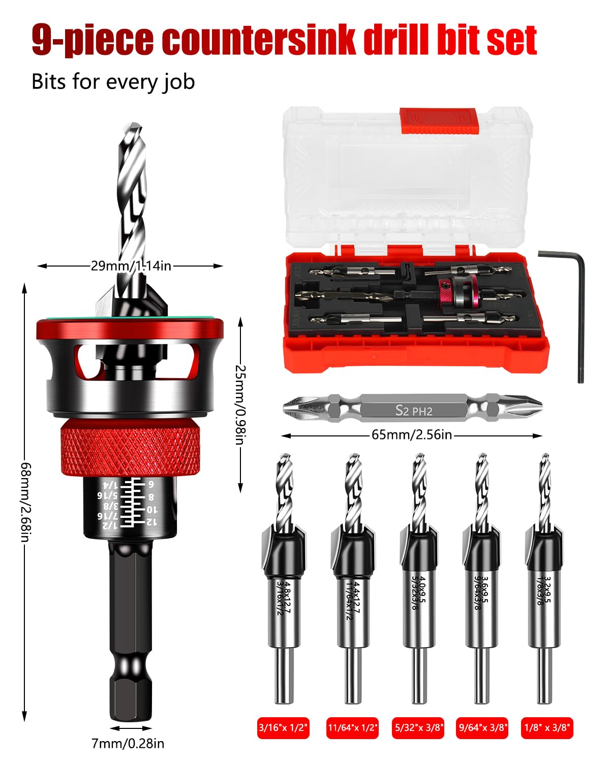 Countersink Drill Bit Set - 9 Piece with Depth Stop -3 Countersink Drill Bit Set - 9 Piece with Depth Stop -3