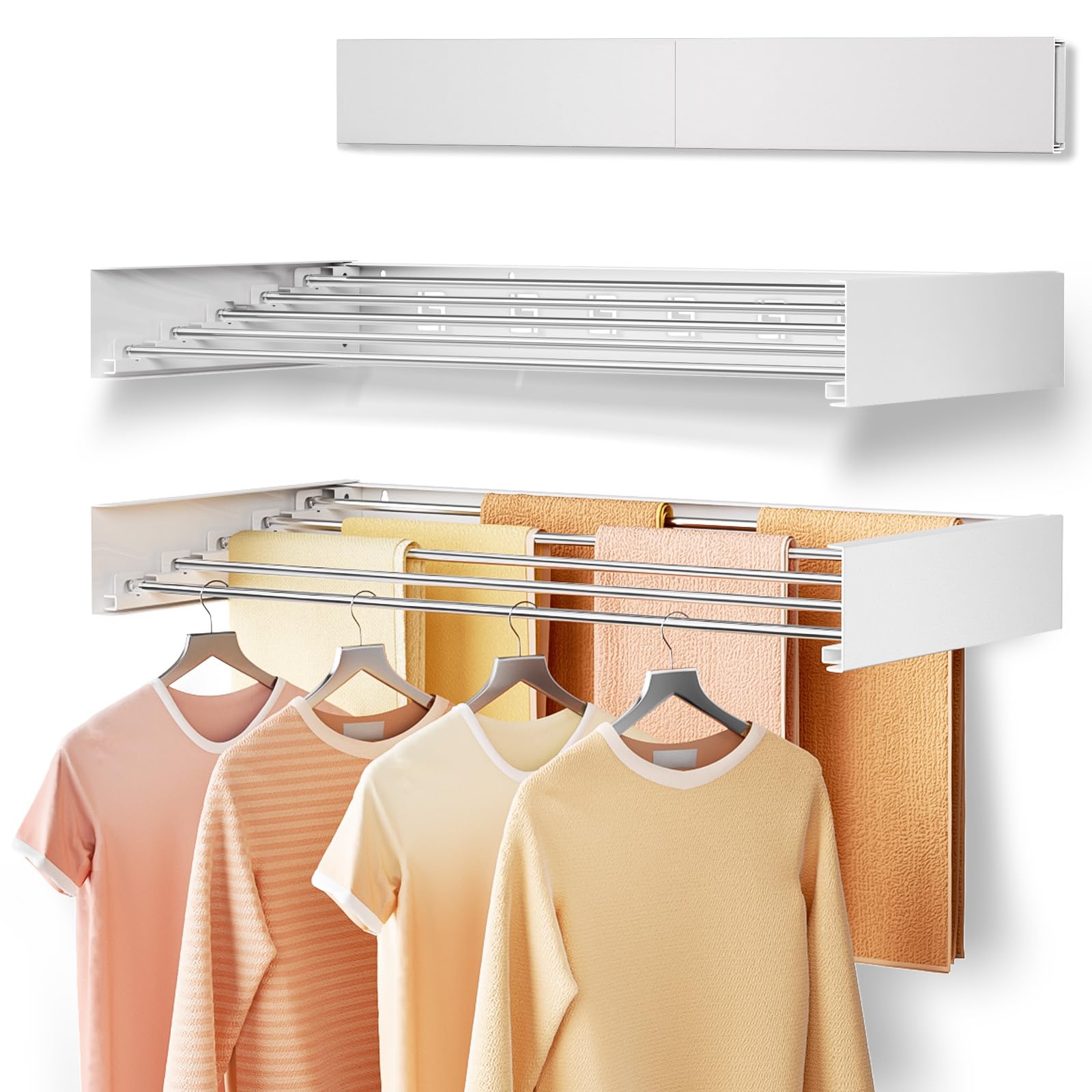 Wall Mounted Clothes Drying Rack Folding Indoor, Foldable Laundry Drying Rack Collapsible,Invisible, Space Saving, Retractable Towel Drying Rack, with Wall Template(5 Drying Rods, White 32")