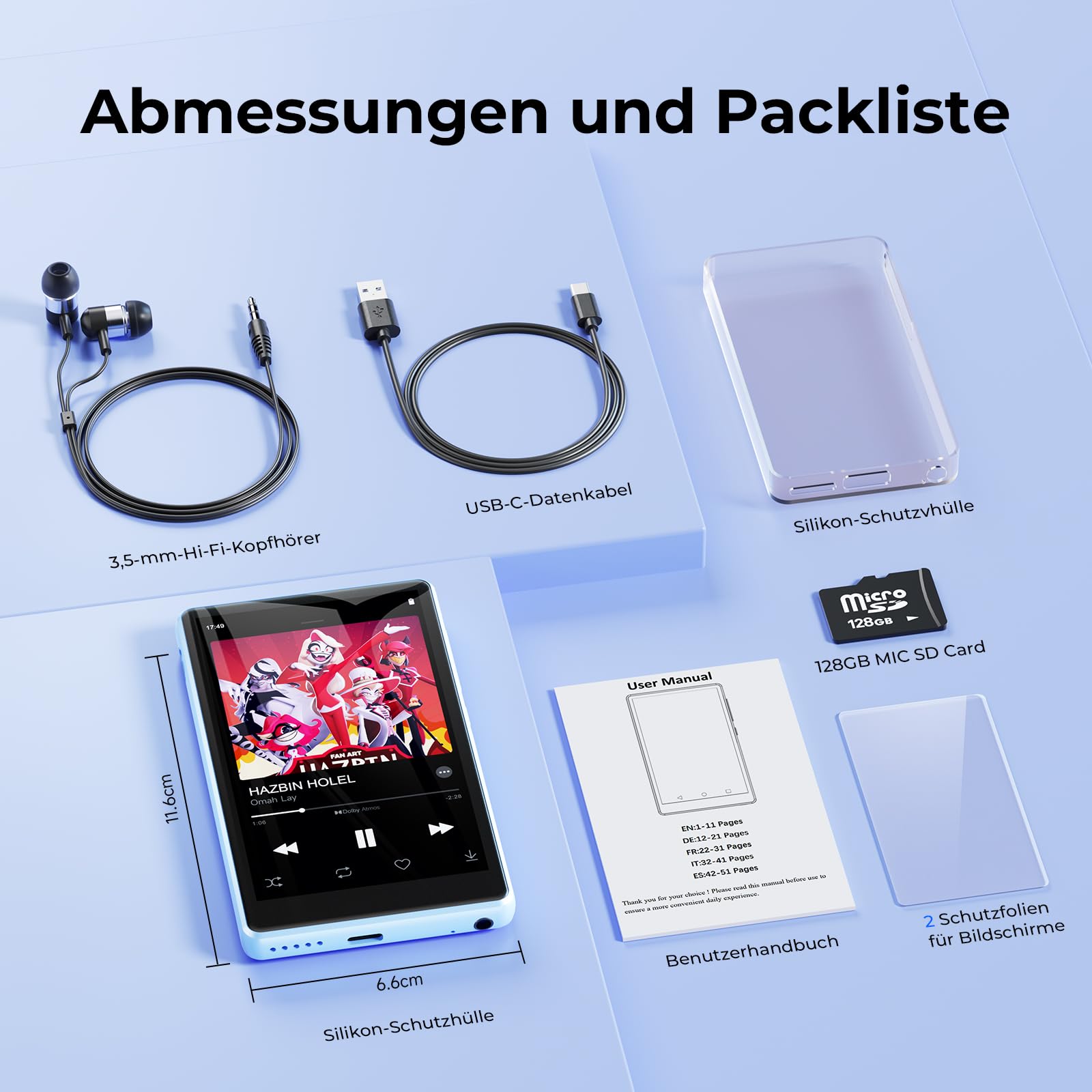 96 GB MP3 Player Spotify mit Bluetooth und WiFi, 4.5 Zoll-Touchscreen MP4 | Player Android,Kinder HiFi Digital Music Player mit Lautsprecher,MP3-Player mit Google Play Pandora, Audible, Amazon Music