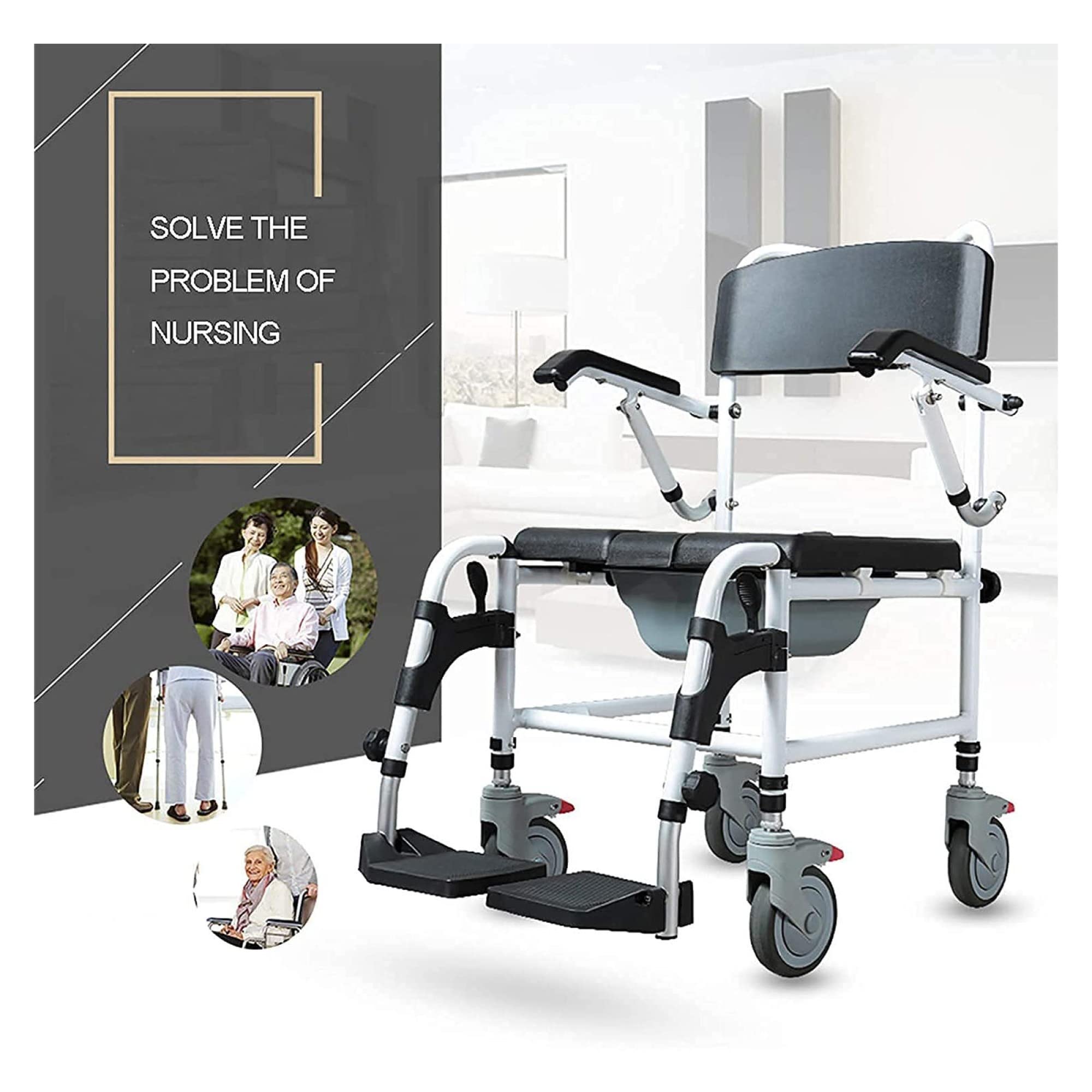 Sedia da Bagno con Ruote, Sedia da Toilette Sedia da Bagno per Sedia a rotelle Sedia da Trasporto per Bagno Sgabello da Bagno per Anziani disabili