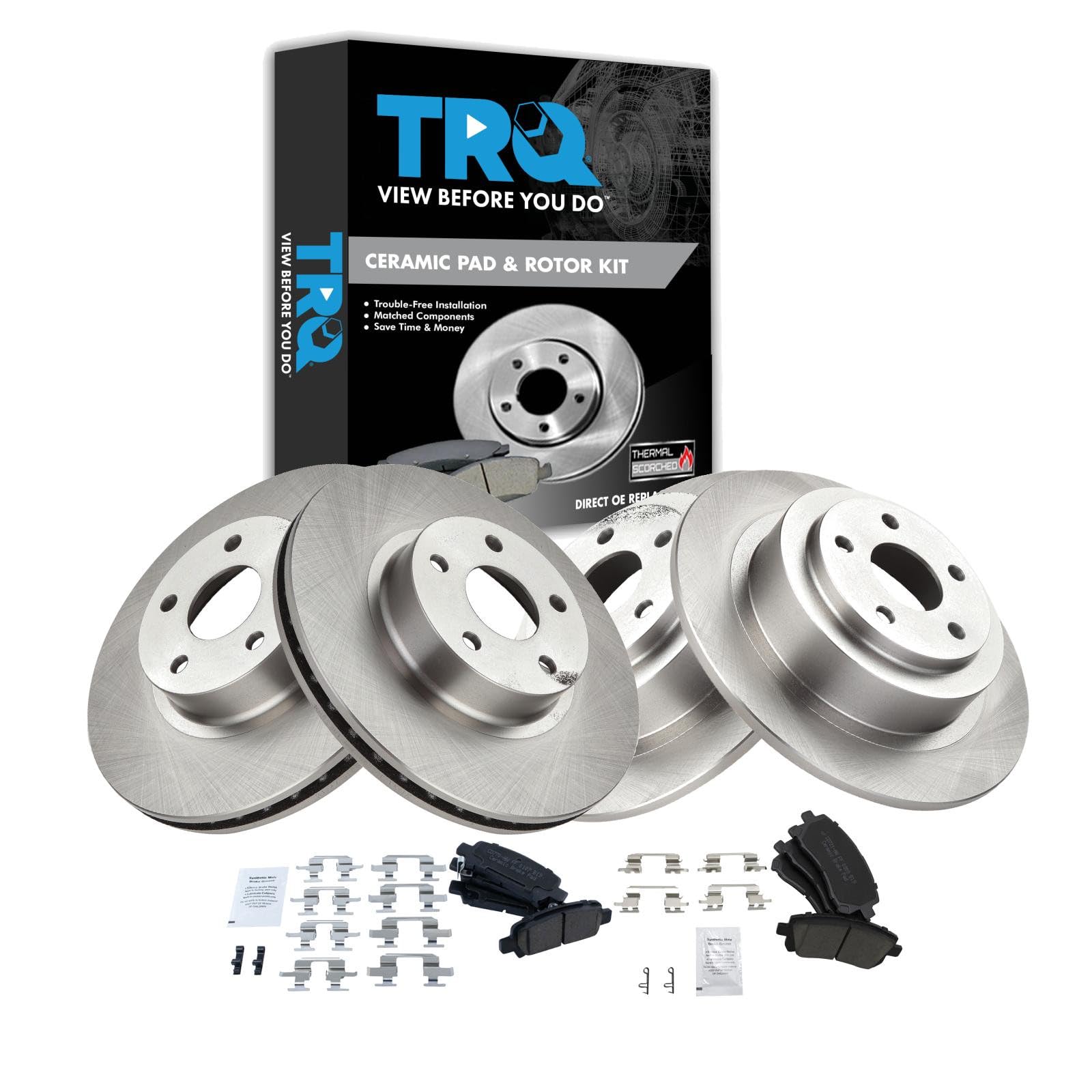 TRQ Front and Rear Ceramic Brake Pad and Rotor Set Compatible with 00 Subaru Outback; 00-01 Legacy with 277mm Diameter Front Rotors; 02 Legacy L with 277mm Diameter Front Rotors