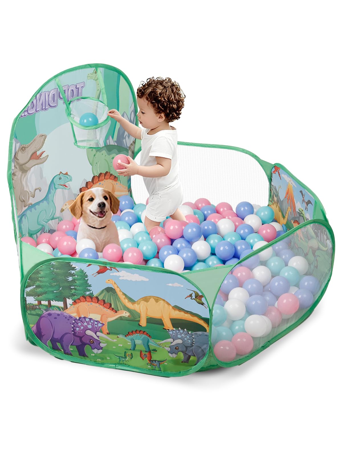 ZimiTeda Dinosaur Kids Ball Pit for Toddler with Basketball Hoop Foldable Pop-Up Baby Ball Pool for Girls Boys Indoor Outdoor Game Dog Ball Pit 120 cm Wide Plyahouse Tent (Balls NOT Included)