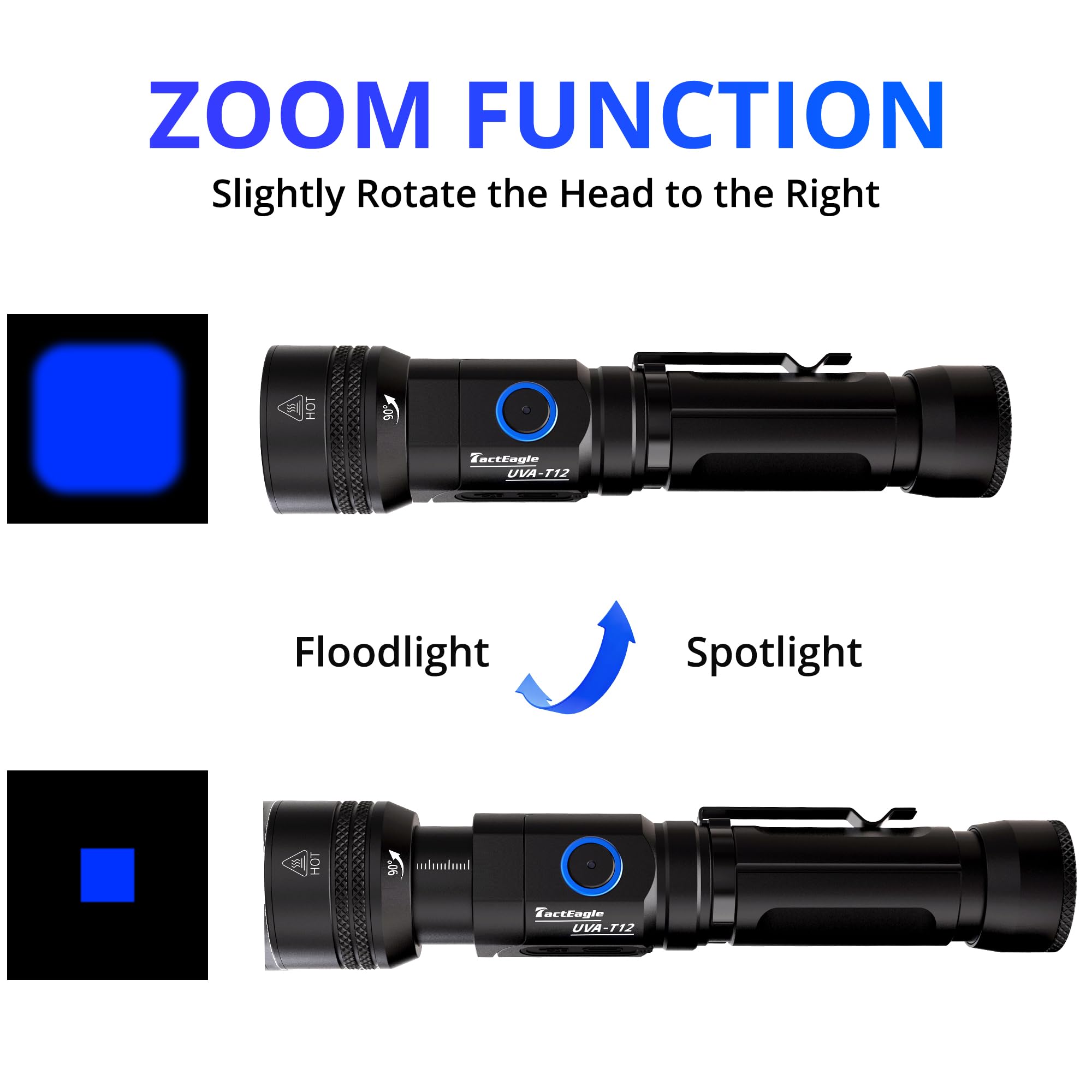 Luz negra de 365 nm, linterna UV recargable, cabeza ajustable de 105° y zoom, cola magnética, potente luz negra para fugas de NDT, seguimiento de sangre, orina de mascotas, vidrio de uranio, escorpión