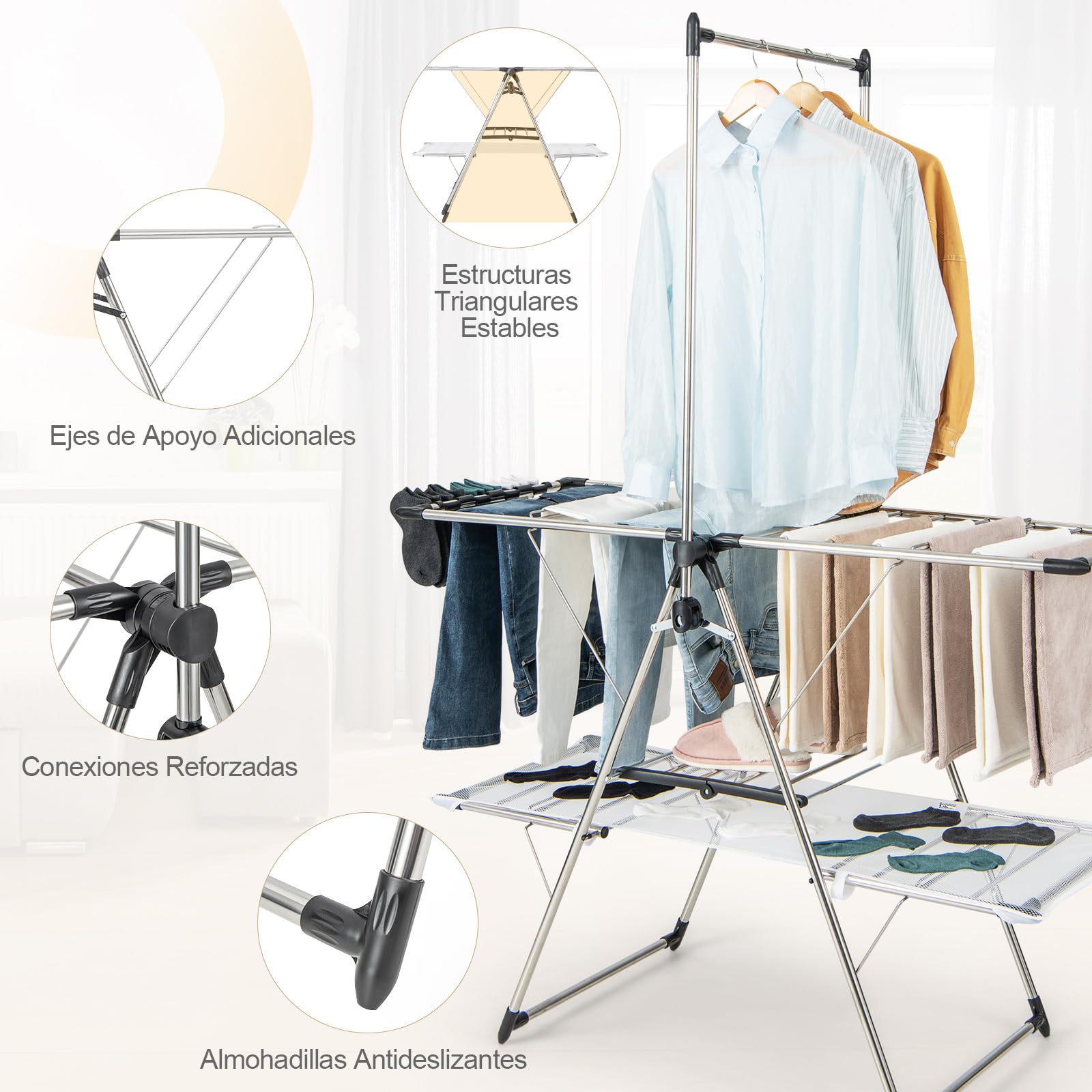 GOPLUS Tendedero Plegable, Soporte de Ropa Vertical con Barra de Colgar, Alas Ajustables 70-140 cm, Pinzas para Calcetines, Tela de Malla y Ganchos para Zapatos, Tendedor Extensible Interior Exterior