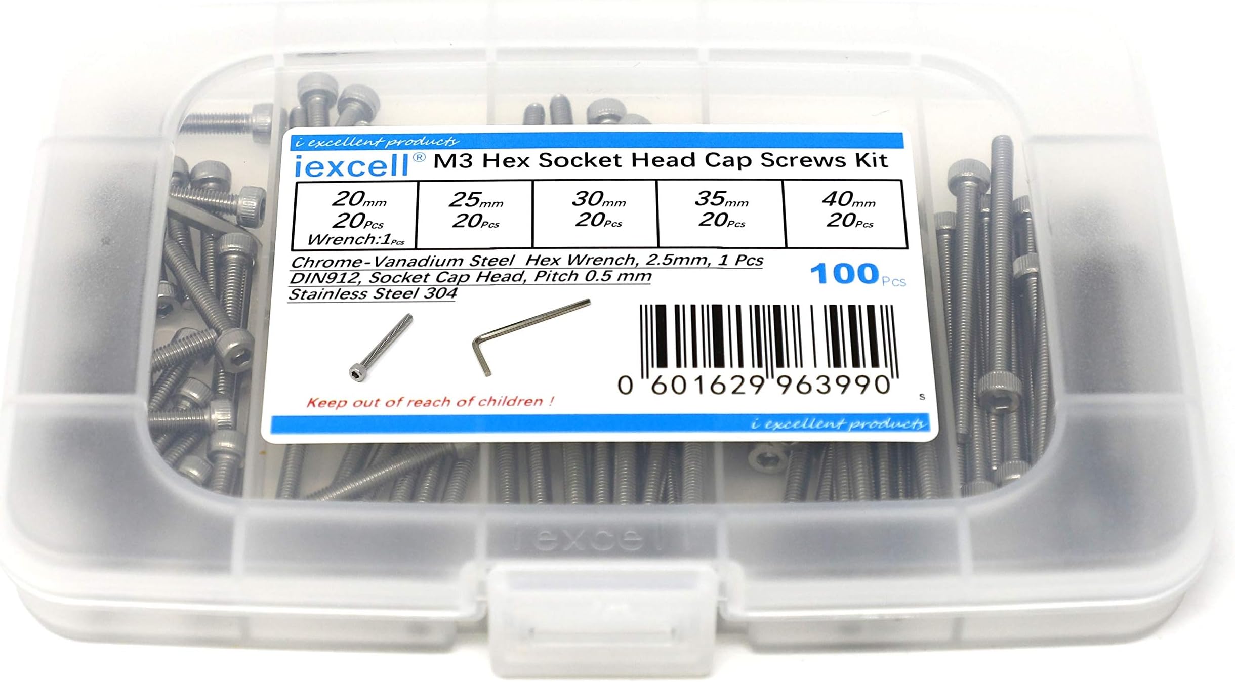 iExcell 100 Pcs M3 x 20/25/30/35/40 mm Stainless Steel 304 Hex Socket Head Cap Screws Bolts Assortment Kit