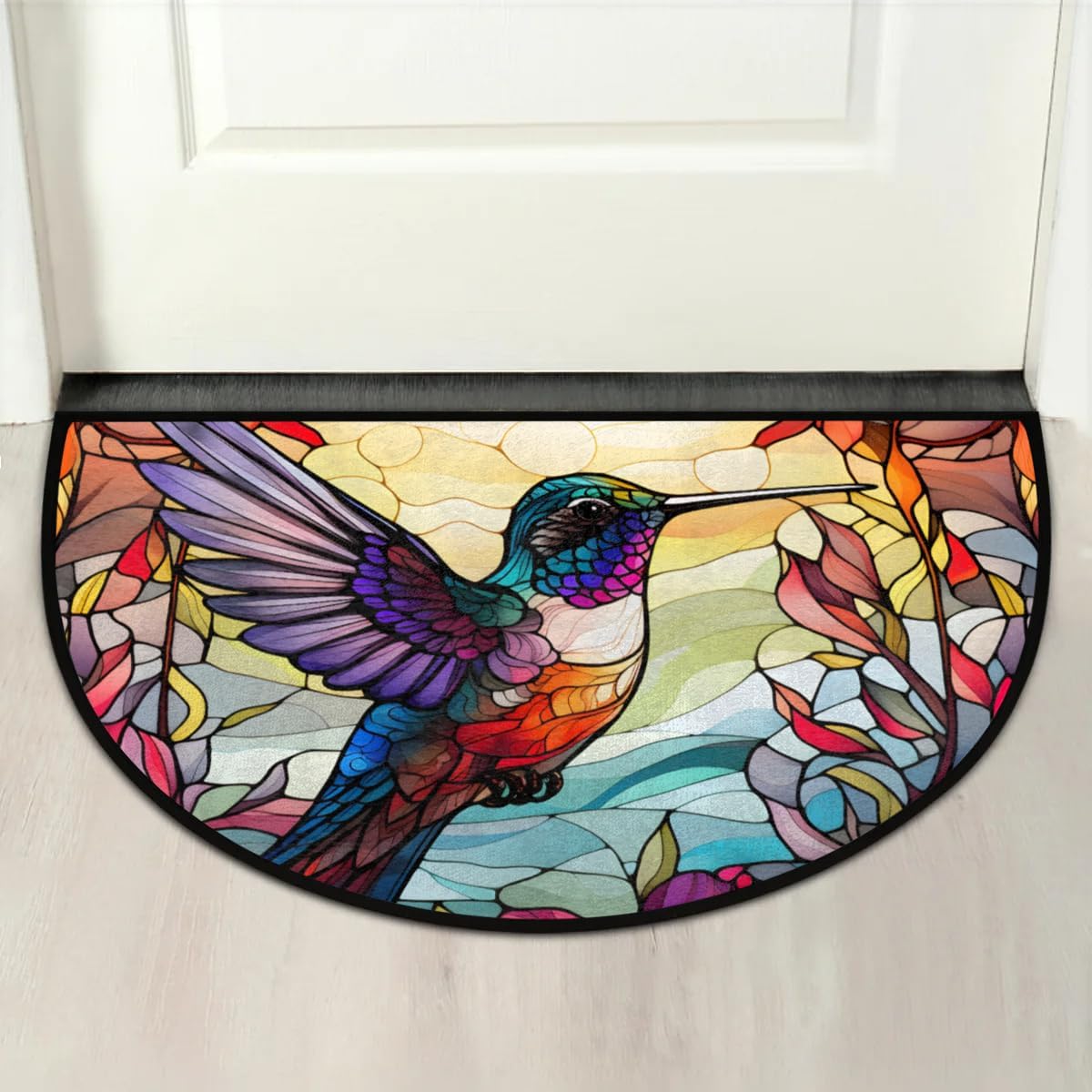 cfpolar Half Round Door Mat Glass Painting Hummingbird Non-Slip Semi Circle Area Rug Washable Semi Circle Floor Rug for Indoor Outdoor Living Room Bathroom Kitchen Patio Hearth Rugs Home Decoration