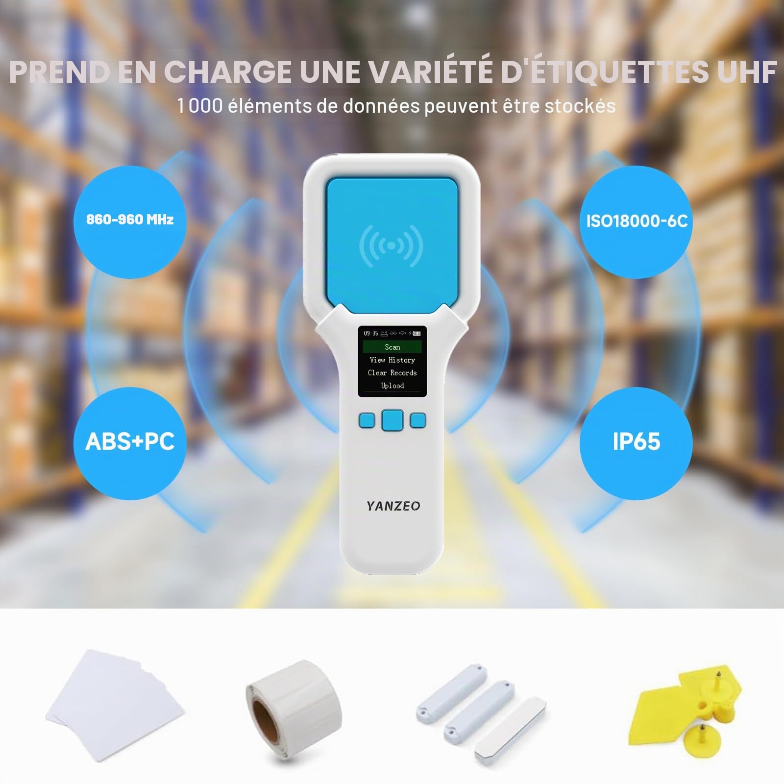 YANZEO SR300 Lecteur RFID UHF 860 MHz-960 MHz Lecteur RFID sans fil Bluetooth portable Lecteur d'étiquettes UHF pour vêtements, chaussures, magasin de bijoux et entrepôt