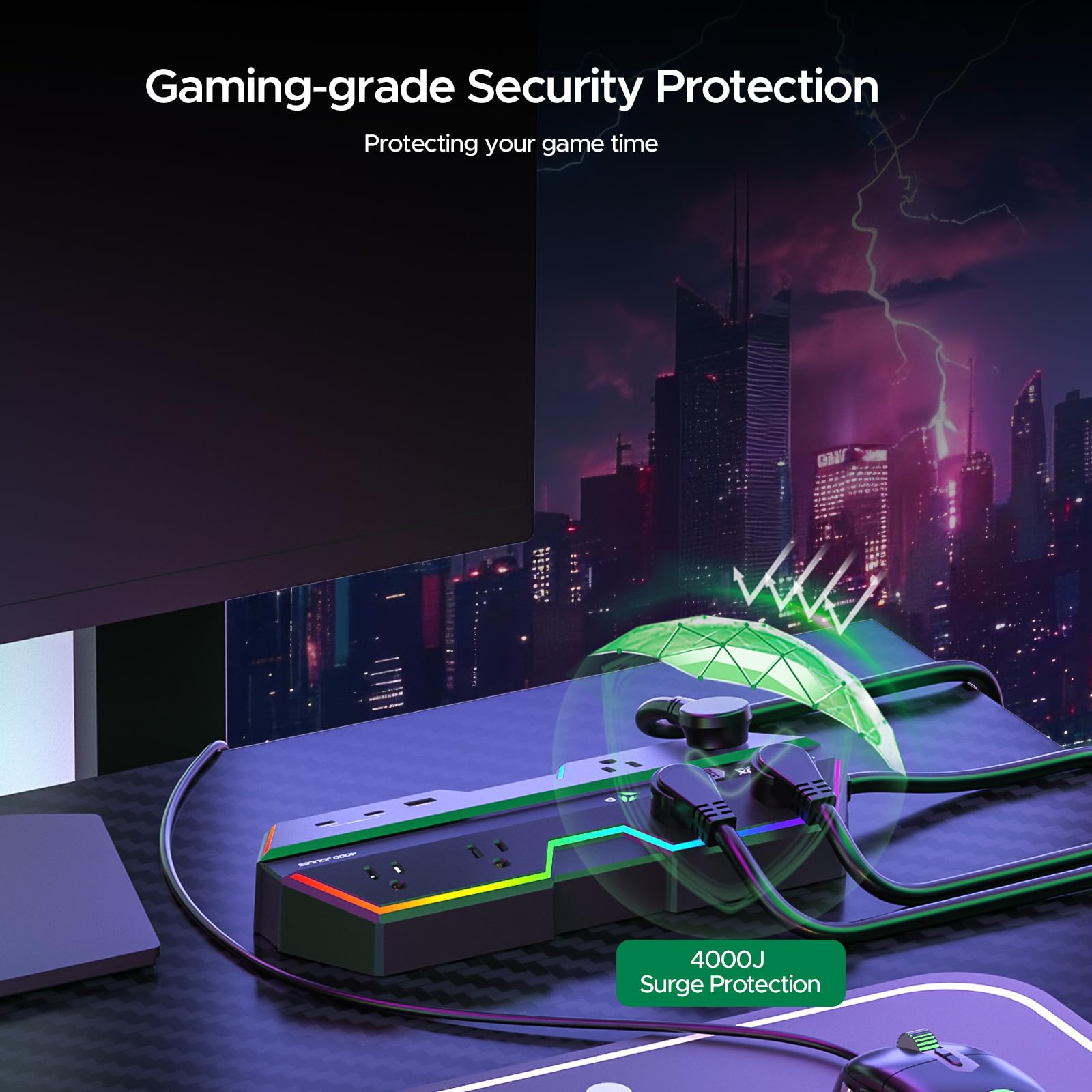4000J Tira de alimentación con protección contra sobretensiones con puertos USB, 6 tomas de corriente con luces RGB y PD de carga rápida de 20 W, salida espaciada amplia perfecta para deportes