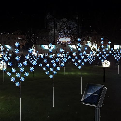 Aovciust Decoraciones de Navidad al aire libre, 4 juegos de luces solares para árbol de Navidad con 80 luces de copo de nieve C6, adecuadas para
