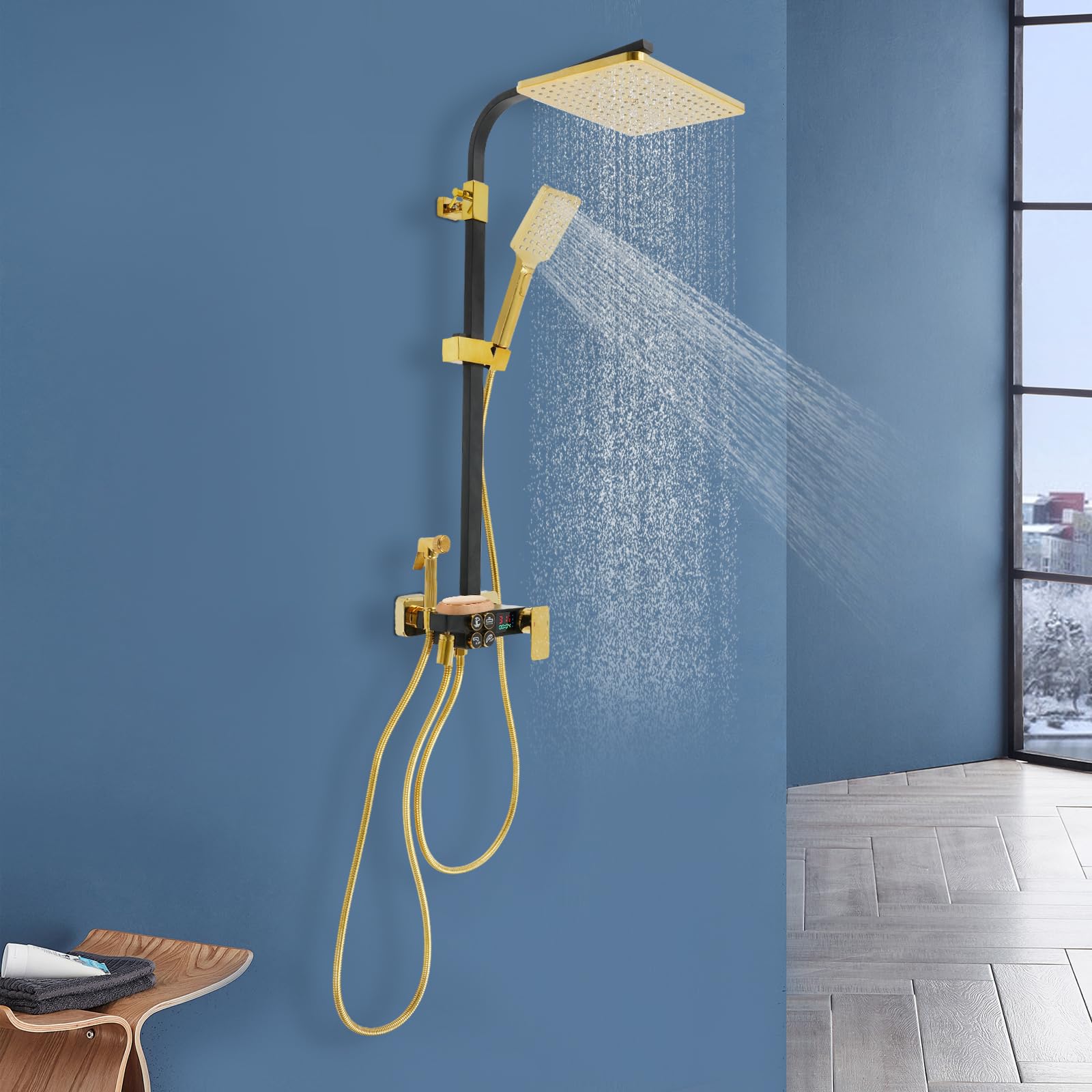 Sistema doccia con doccia a pioggia e doccetta, set completo con indicatore di temperatura e valvola in ceramica, soffione a pioggia, doccetta a mano, pistola per la pulizia, per bagno, hotel e