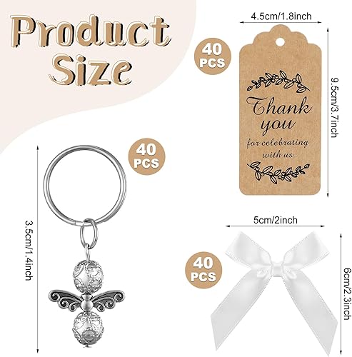 Miniatura 3 de Sureio 40 juegos de llaveros de ángel, regalos de bautismo, llaveros plateados con dije de ángel con etiquetas de agradecimiento y lazos blancos,