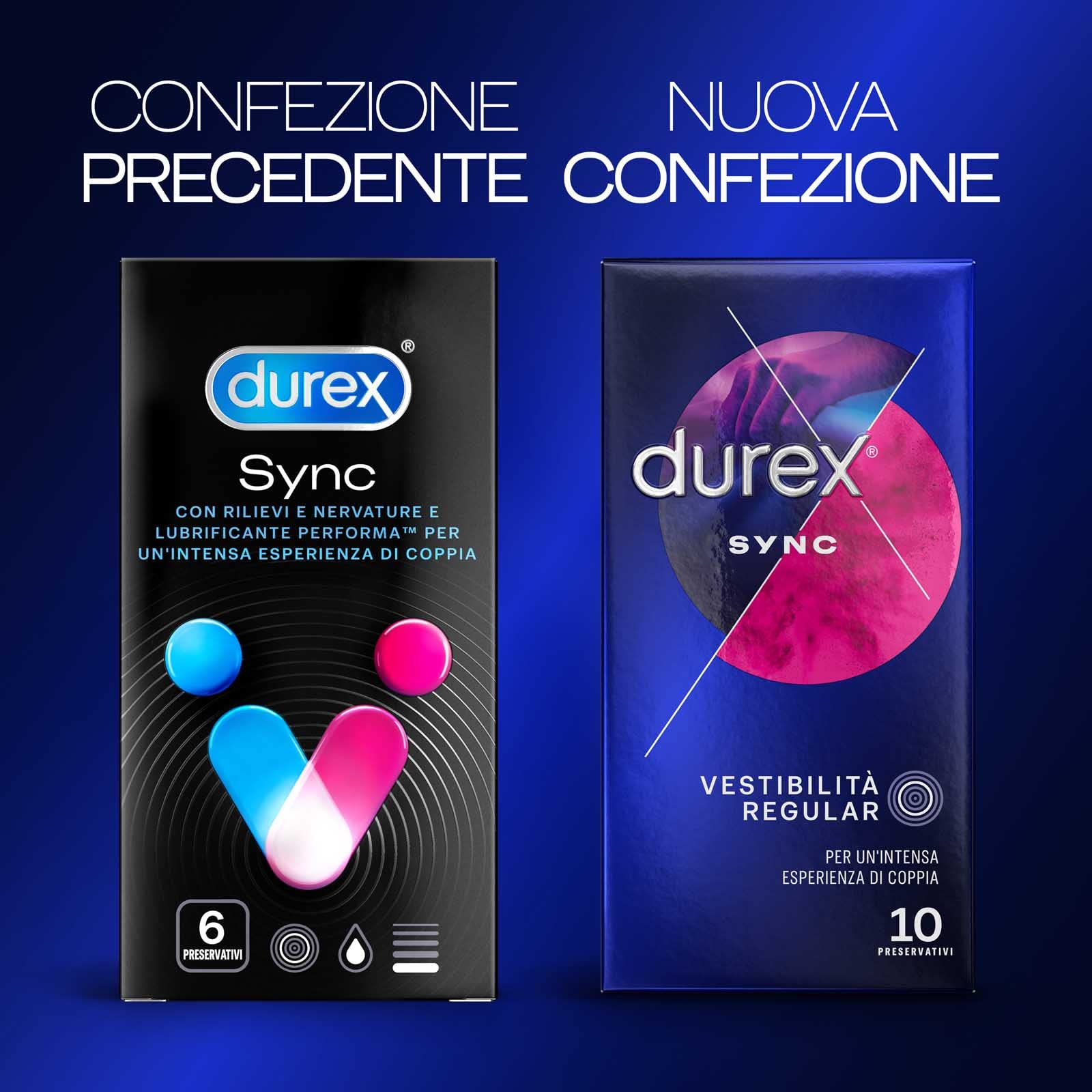 Durex Sync Preservativi Uomo Lattice Gomma Naturale Extra Lubrificati Forma Easy-On con Serbatoio e Rilievi Stimolanti Vestibilità Regular Spesso - 4 Confezioni da 10 Profilattici