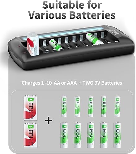 Miniatura 3 de EBL Cargador de batería LCD de 12 bahías para baterías recargables AA, AAA y 9V, estación de carga multibatería con 10 ranuras AA AAA estándar y 2